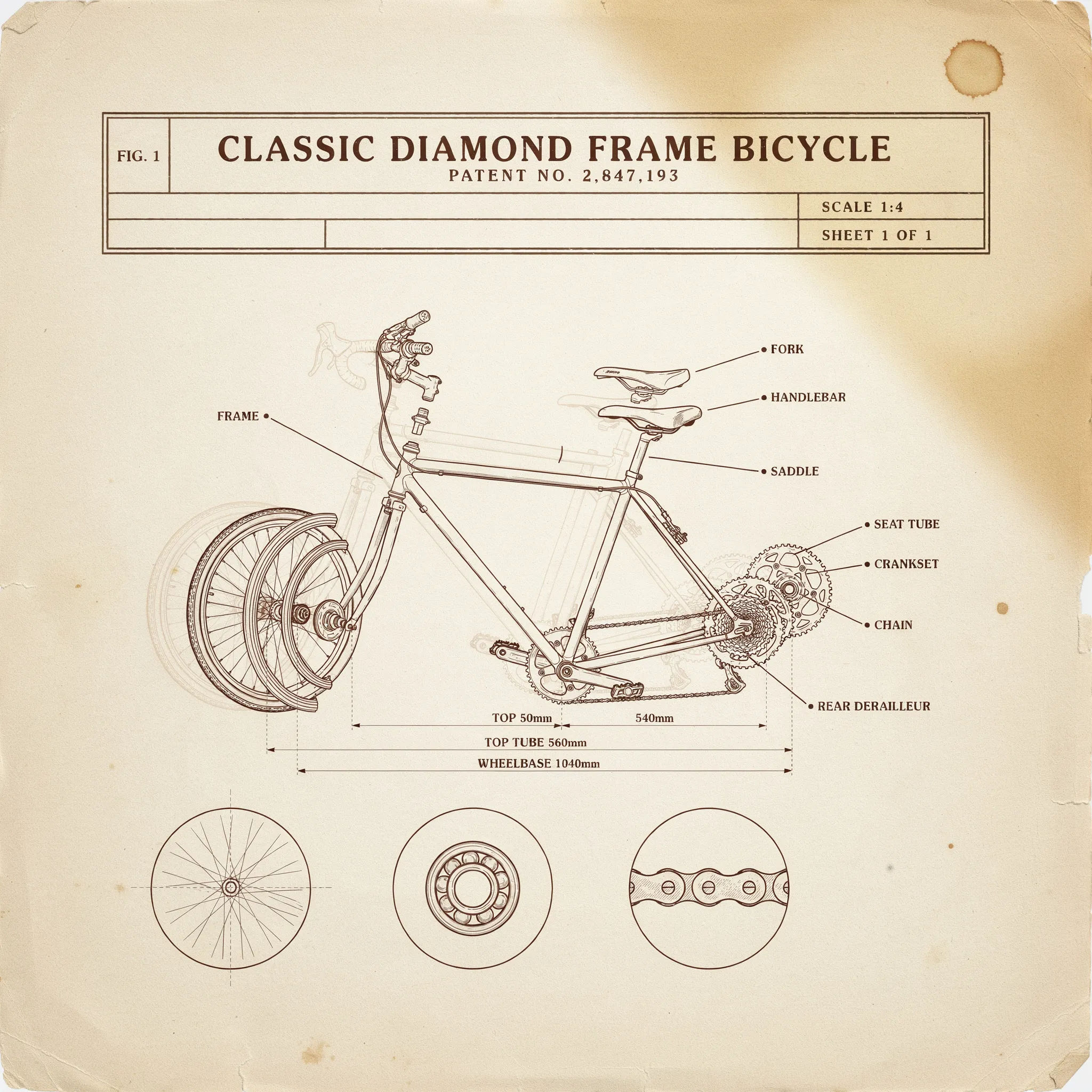 Vintage patent-style blueprint of a bicycle on aged paper