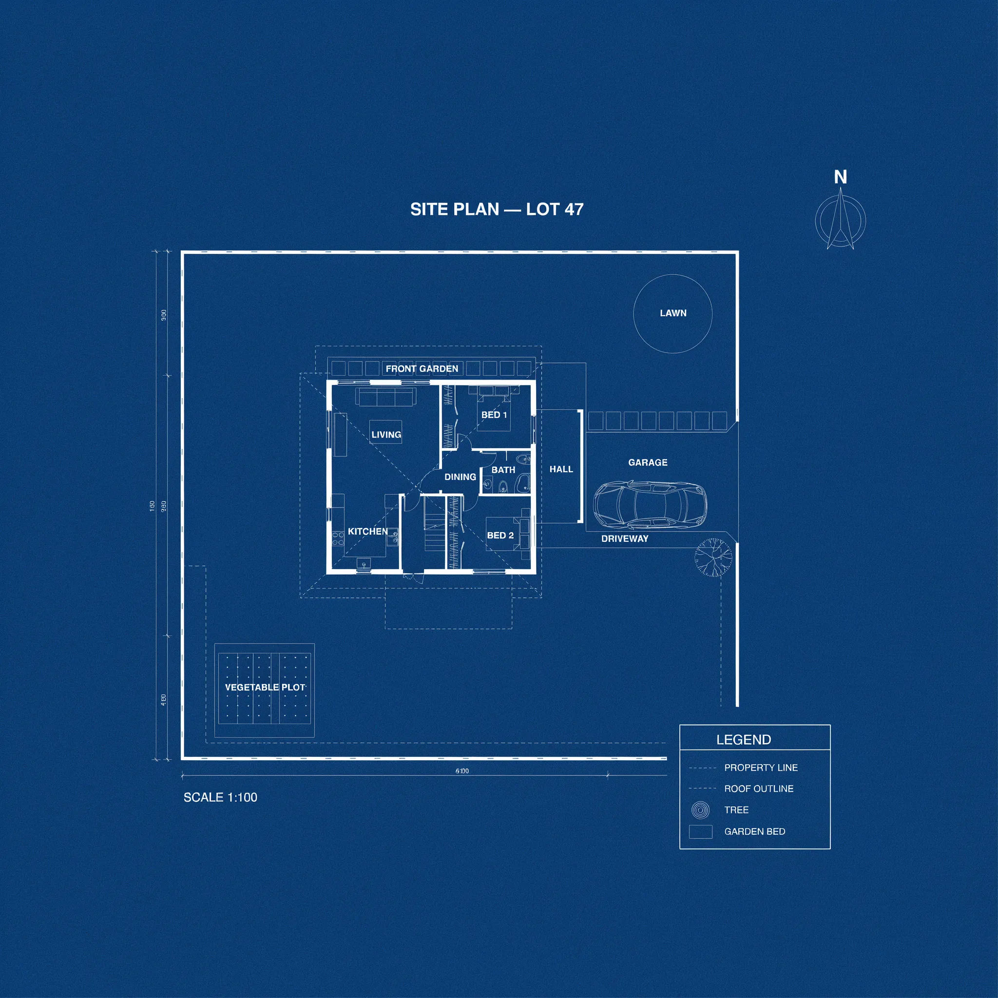 Blueprint site plan with house, garden, and driveway