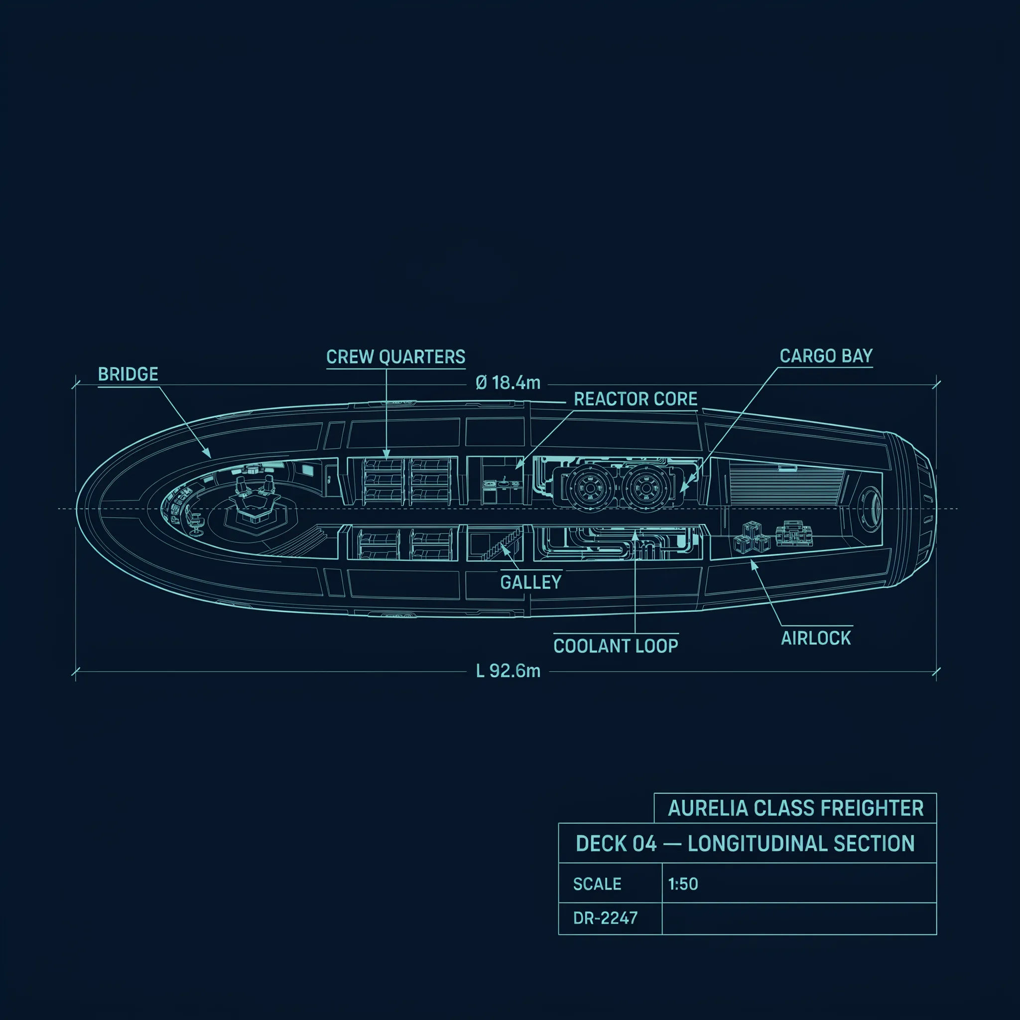 Cutaway blueprint schematic of a sci-fi spaceship deck
