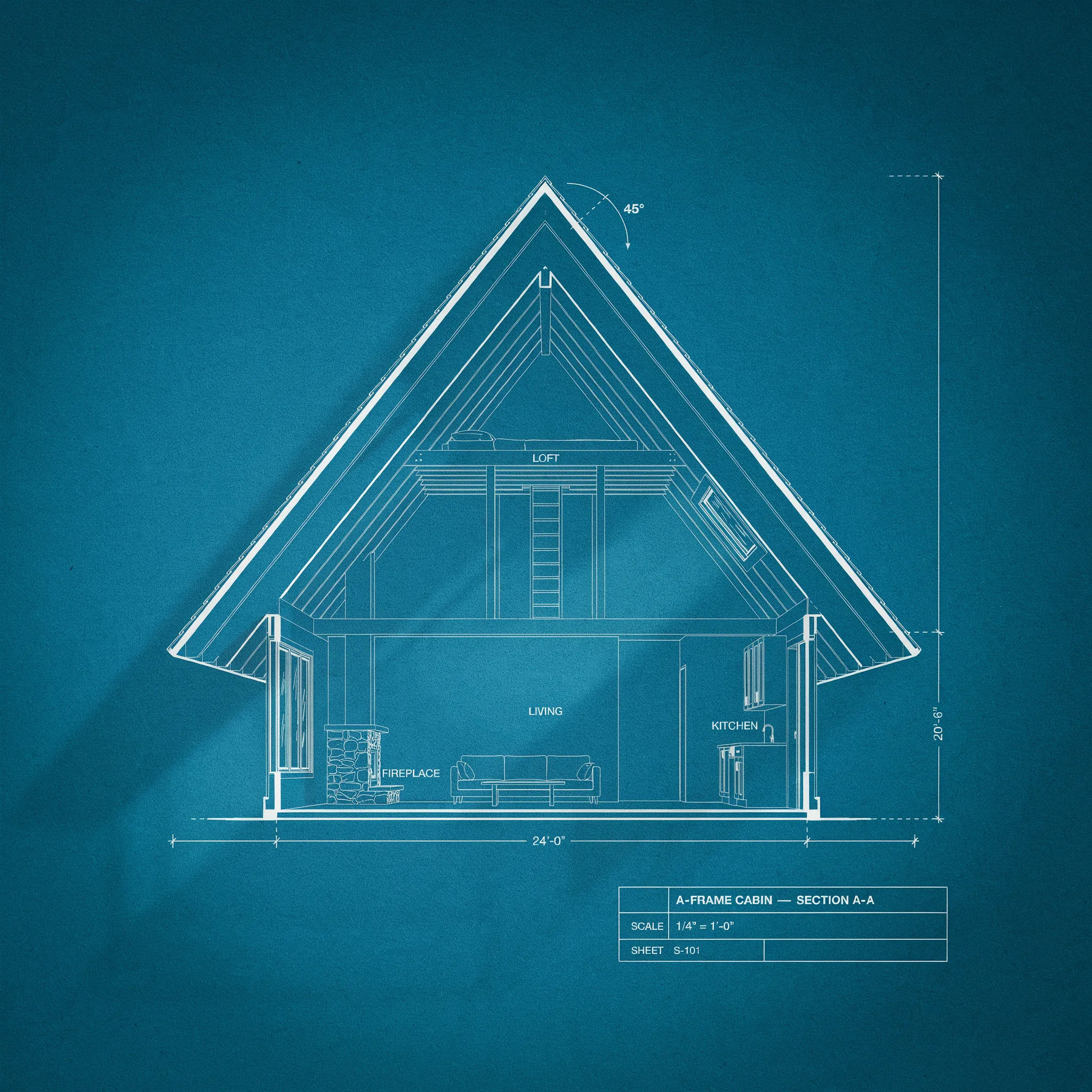 Cross-section blueprint of an A-frame cabin