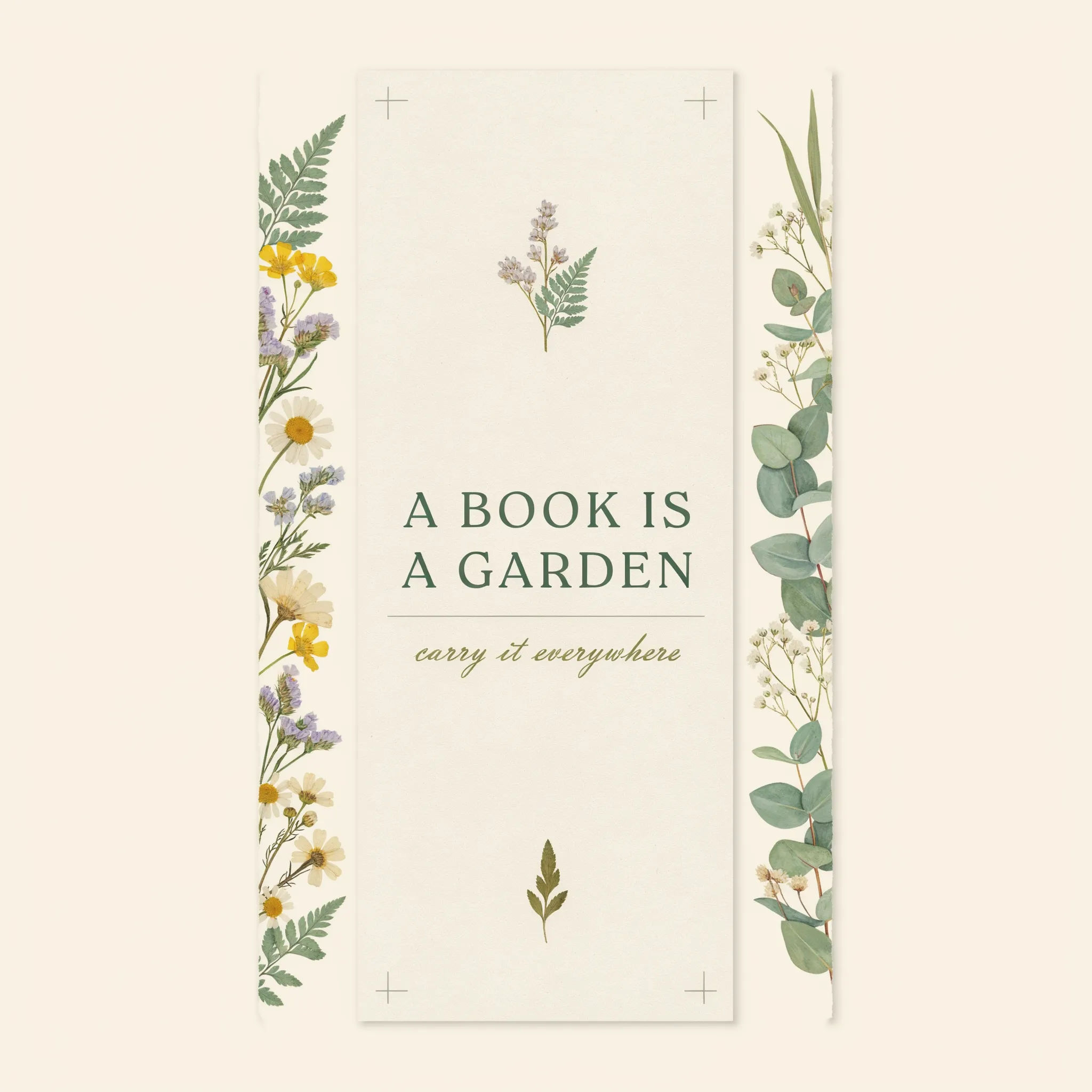 Tall botanical bookmark with pressed wildflowers and a short quote