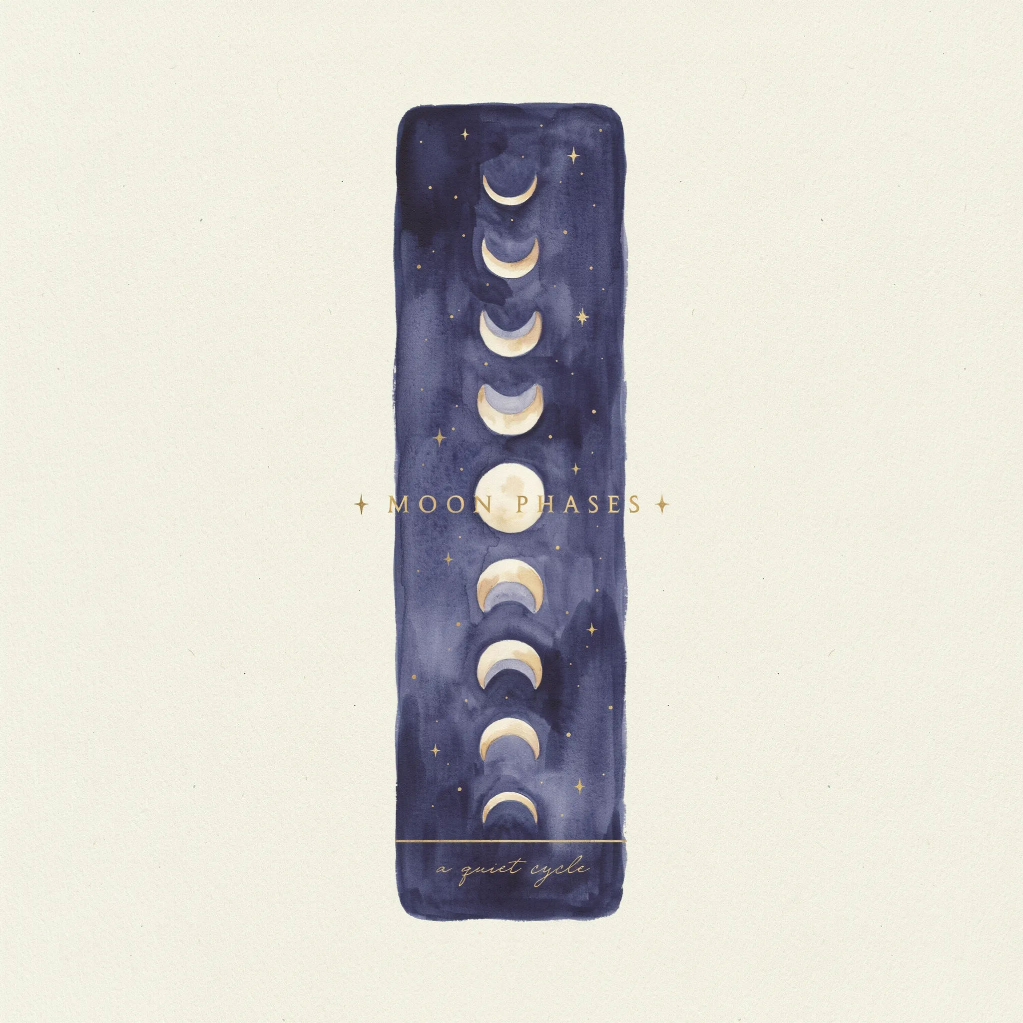 Tall watercolor moon phases bookmark on an indigo sky