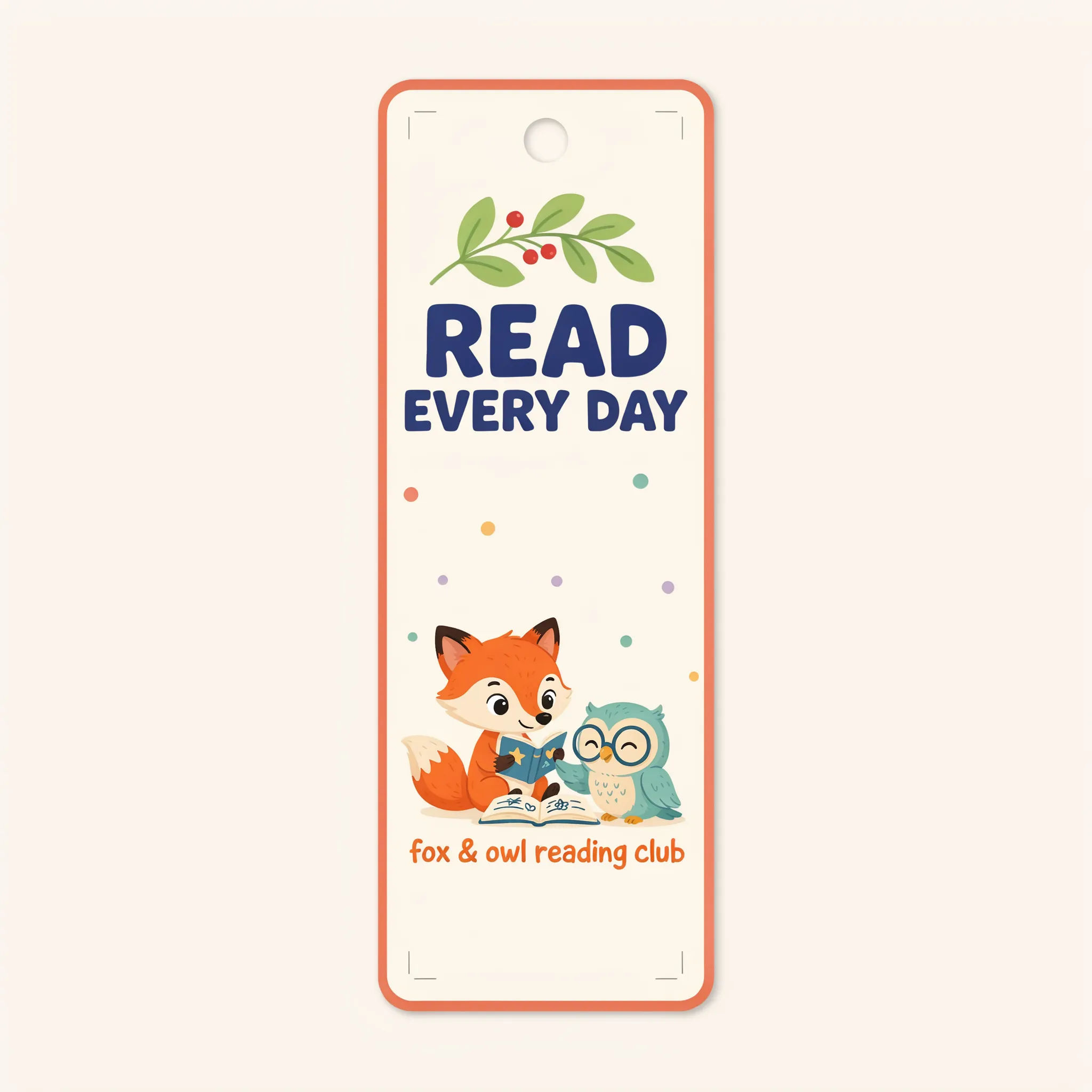 Playful kids bookmark with a cartoon fox and owl reading