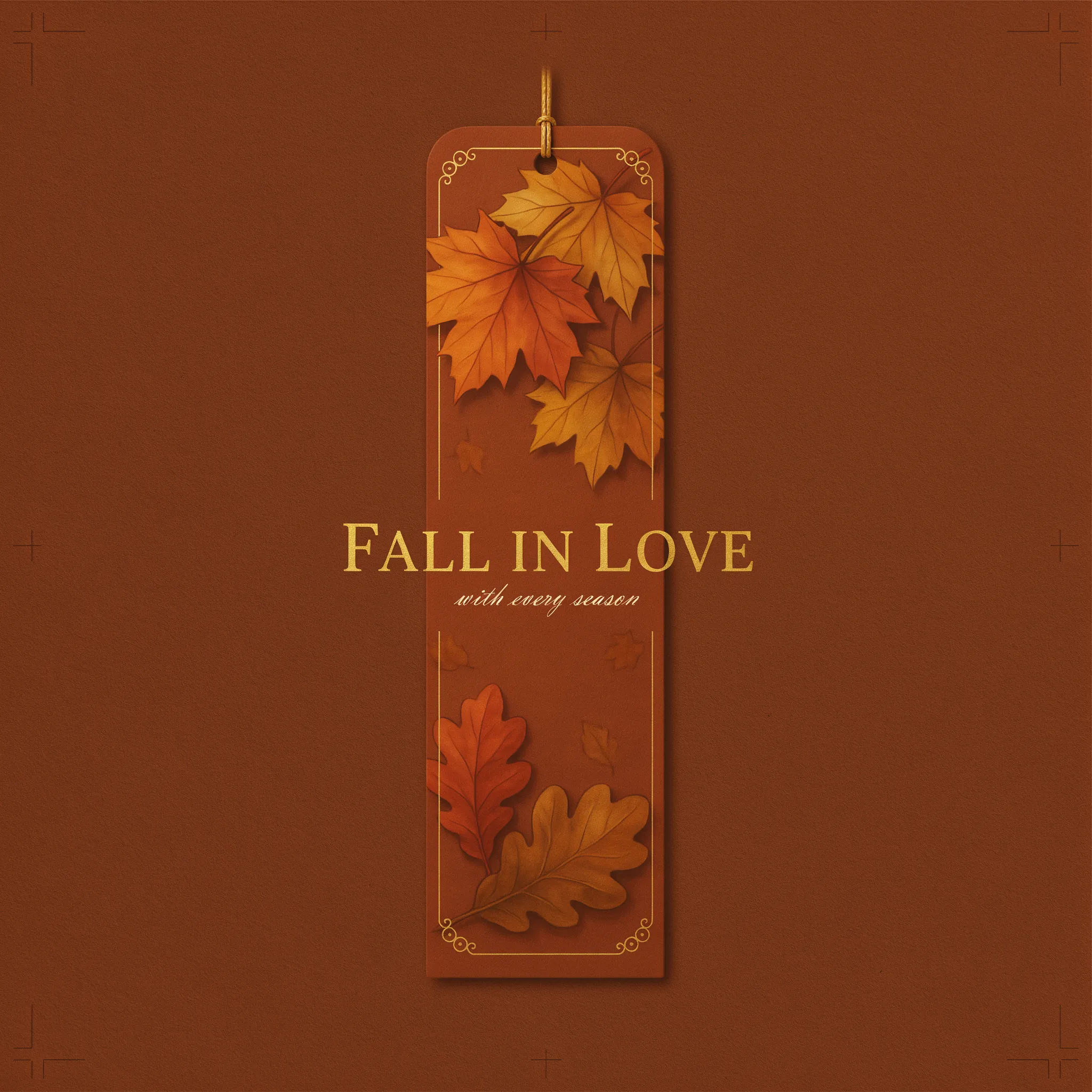 Cozy autumn bookmark with falling maple and oak leaves