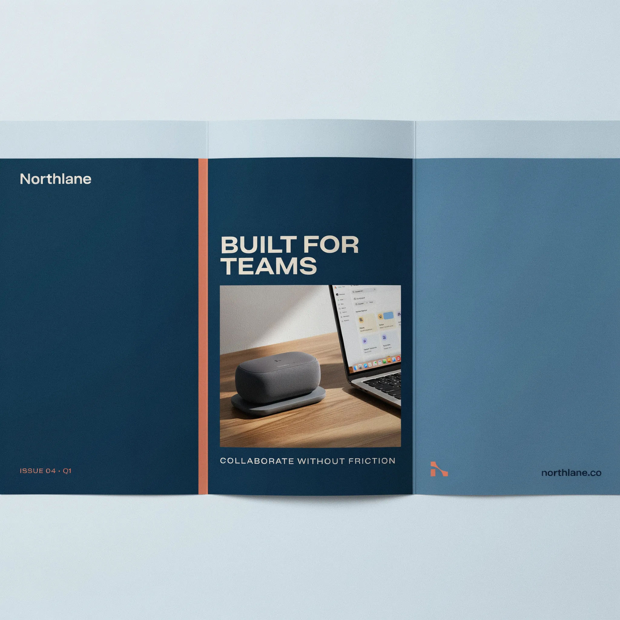 Corporate tri-fold brochure cover with a bold headline and product photo
