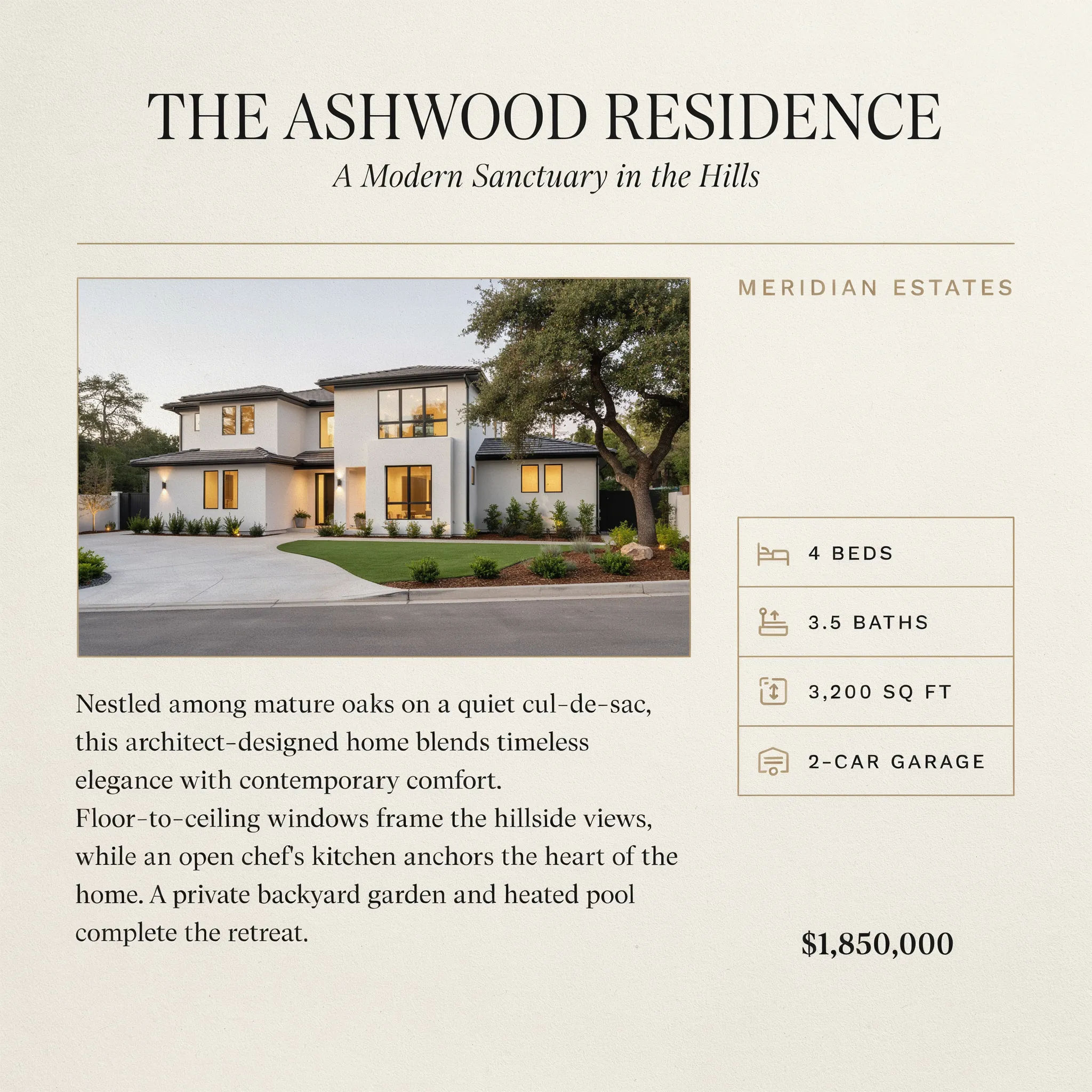 Real estate listing brochure page with exterior photo and feature panel