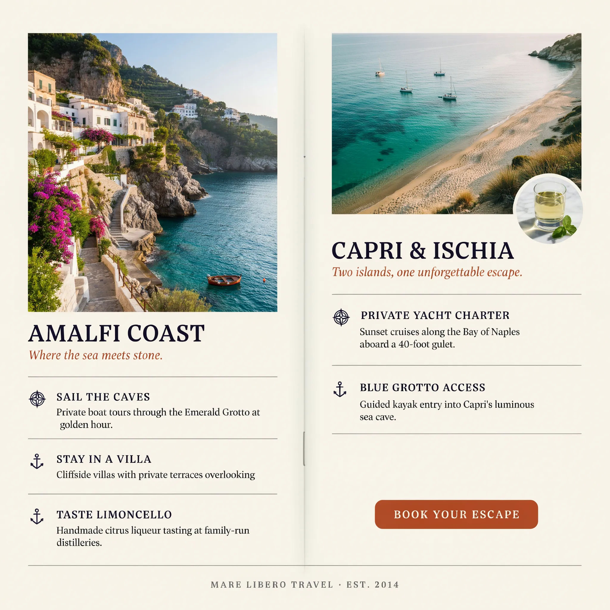 Travel brochure inside spread with coastal imagery
