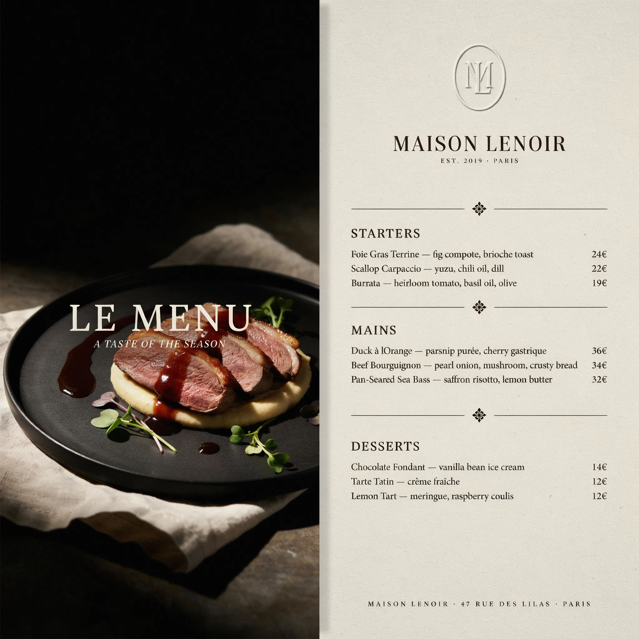 Bi-fold restaurant menu with sectioned dishes