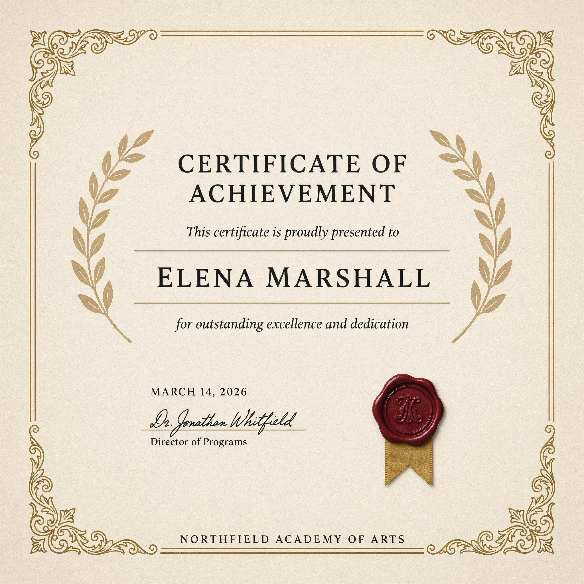 Classic gold-bordered award certificate with laurel wreath and seal