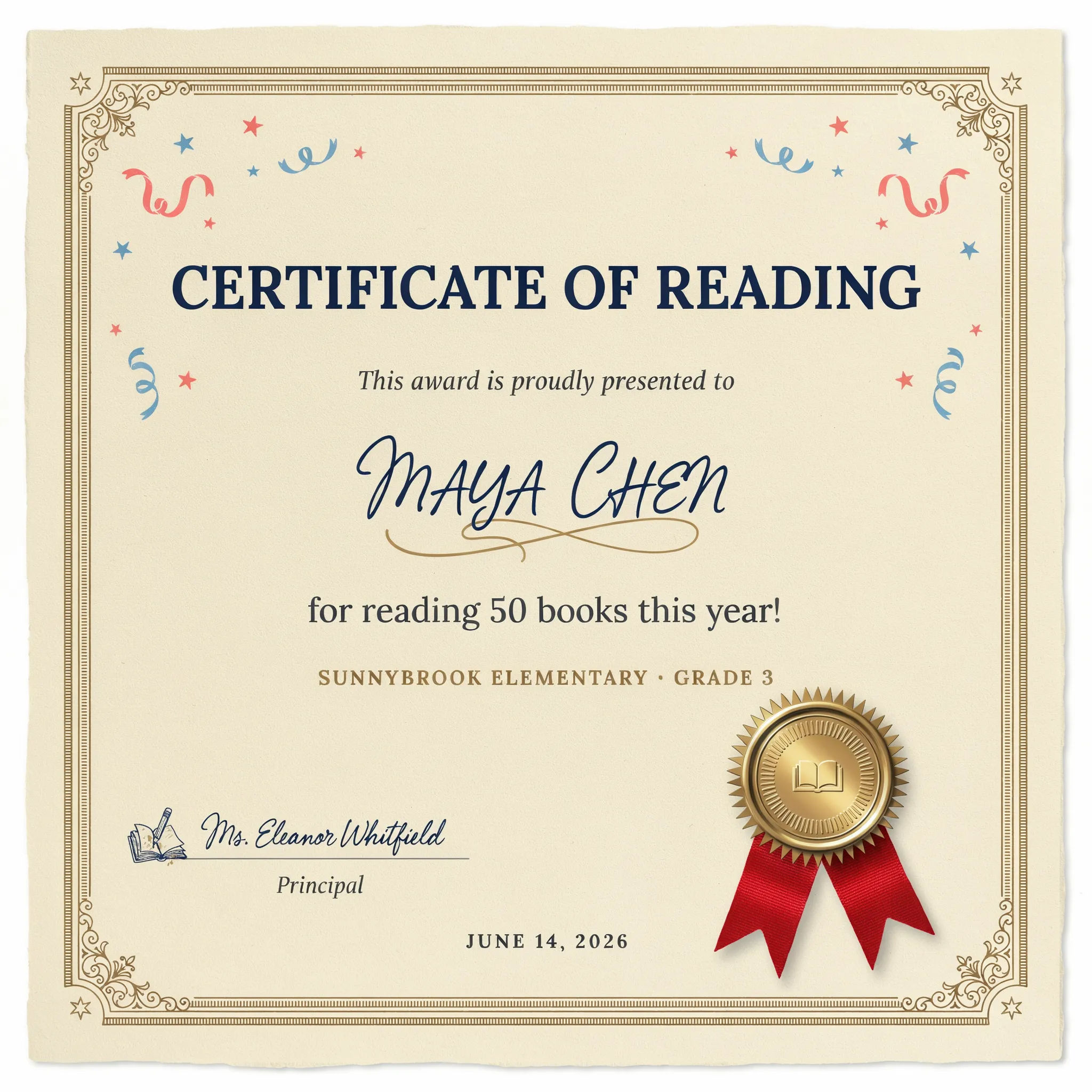 Playful kids reading award certificate with stars and ribbons