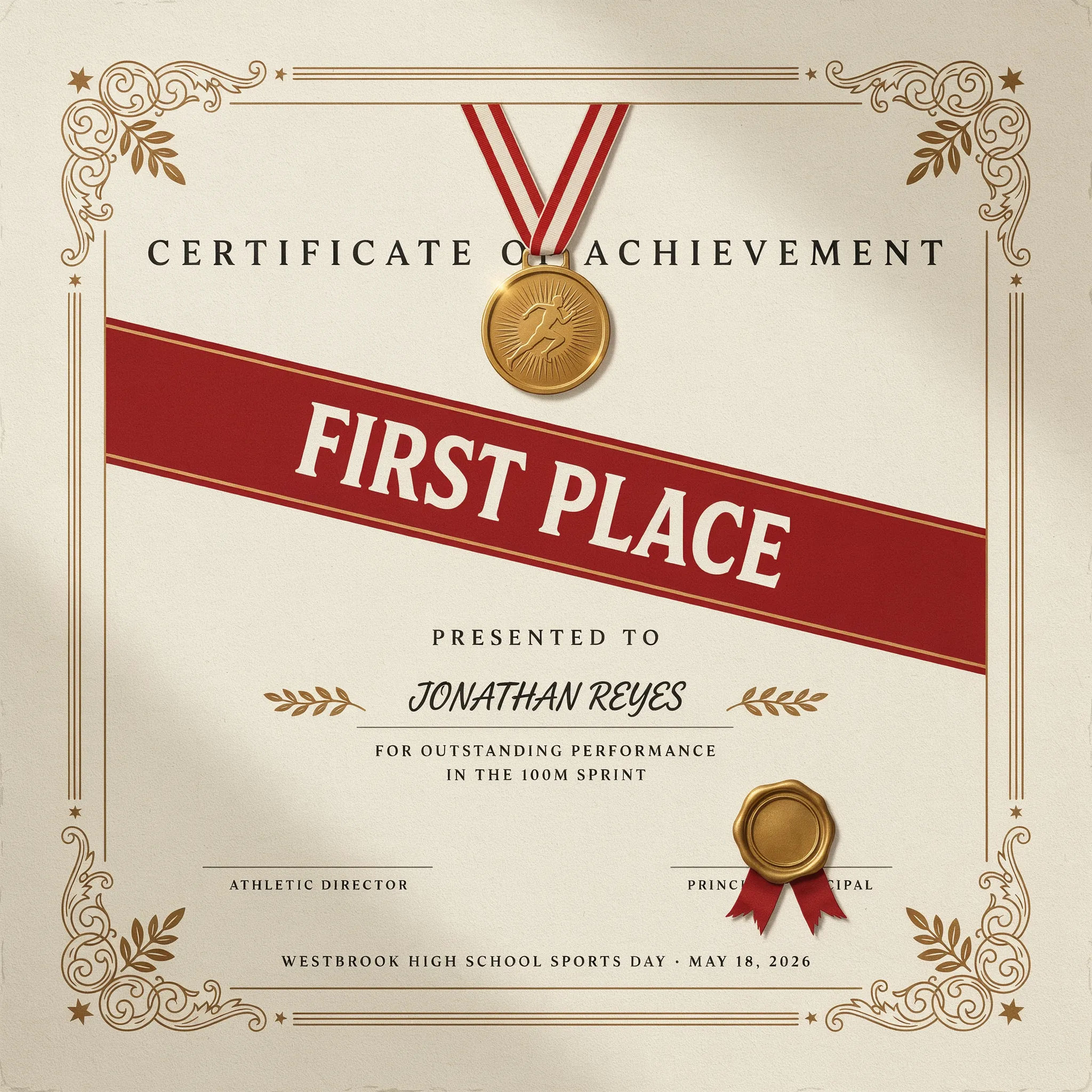 Sports day first place certificate with a medal illustration