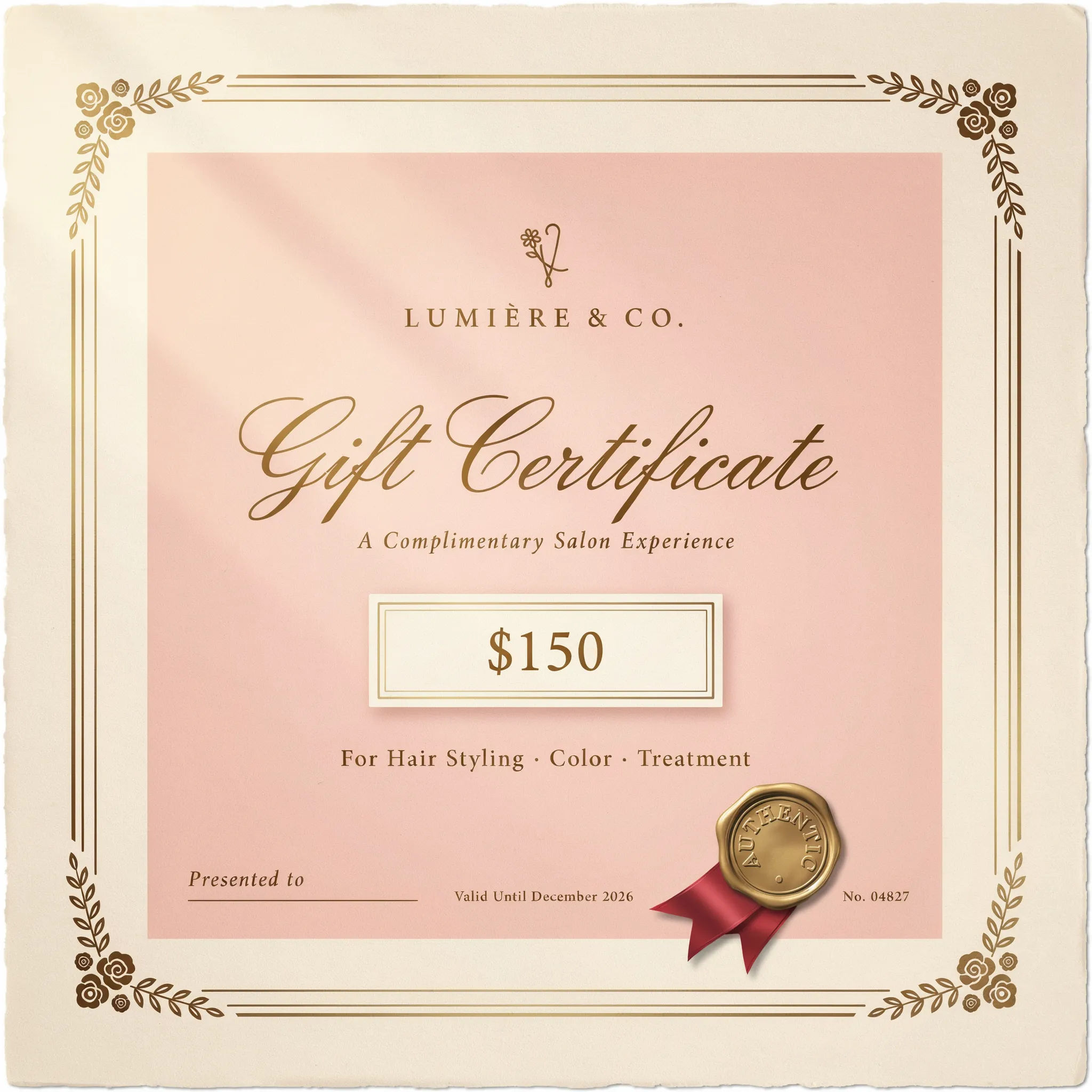 Elegant salon gift certificate in blush and gold