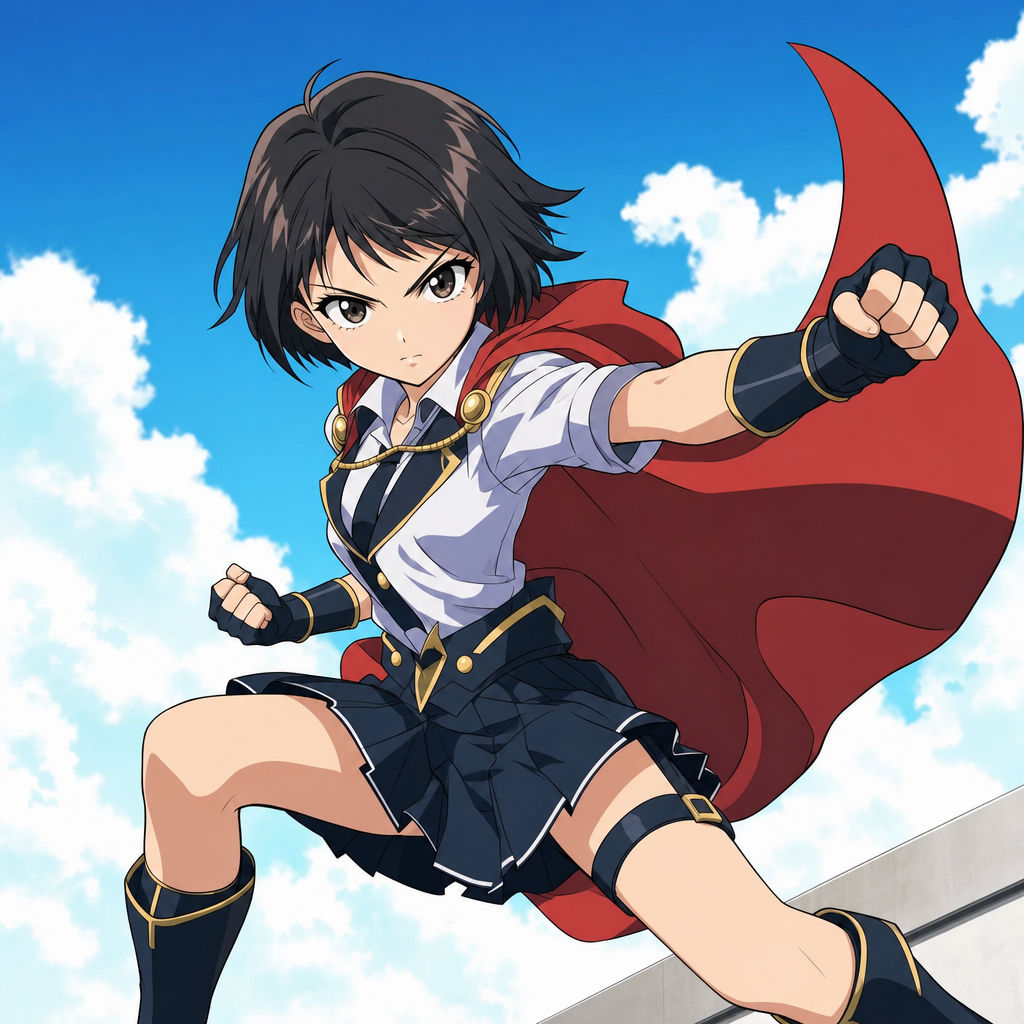 Cel-shaded anime schoolgirl hero with determined eyes