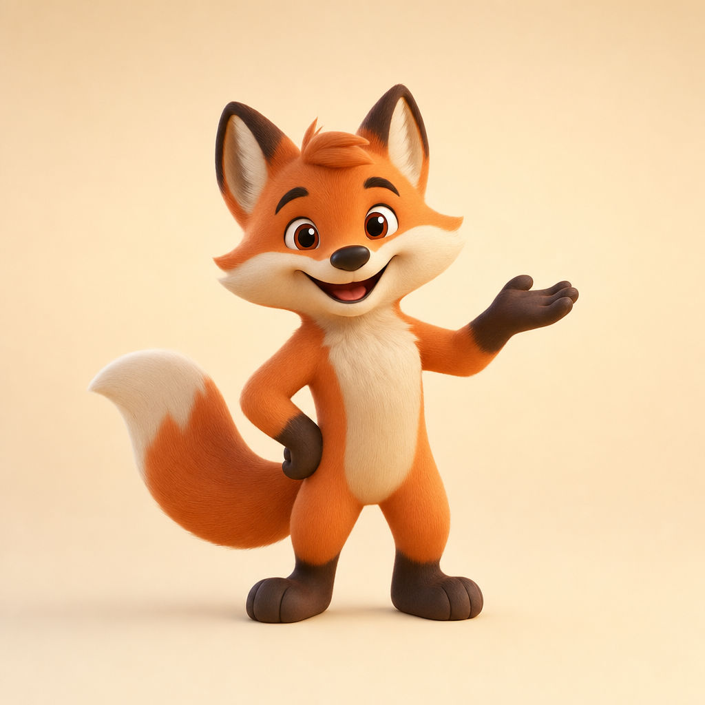 Soft 3D render of a friendly fox brand mascot with a cheerful smile