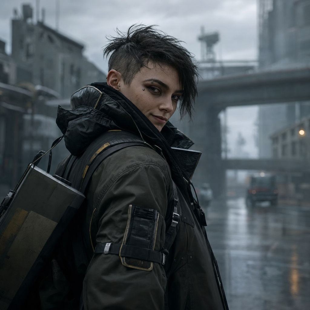 Cinematic cyberpunk courier with a sly smirk in moody street light