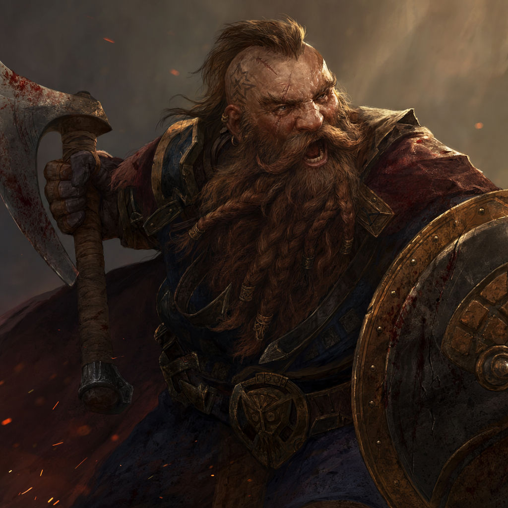 Painterly fantasy concept art of a grizzled dwarf warrior shouting