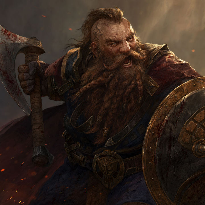 Painterly fantasy concept art of a grizzled dwarf warrior shouting