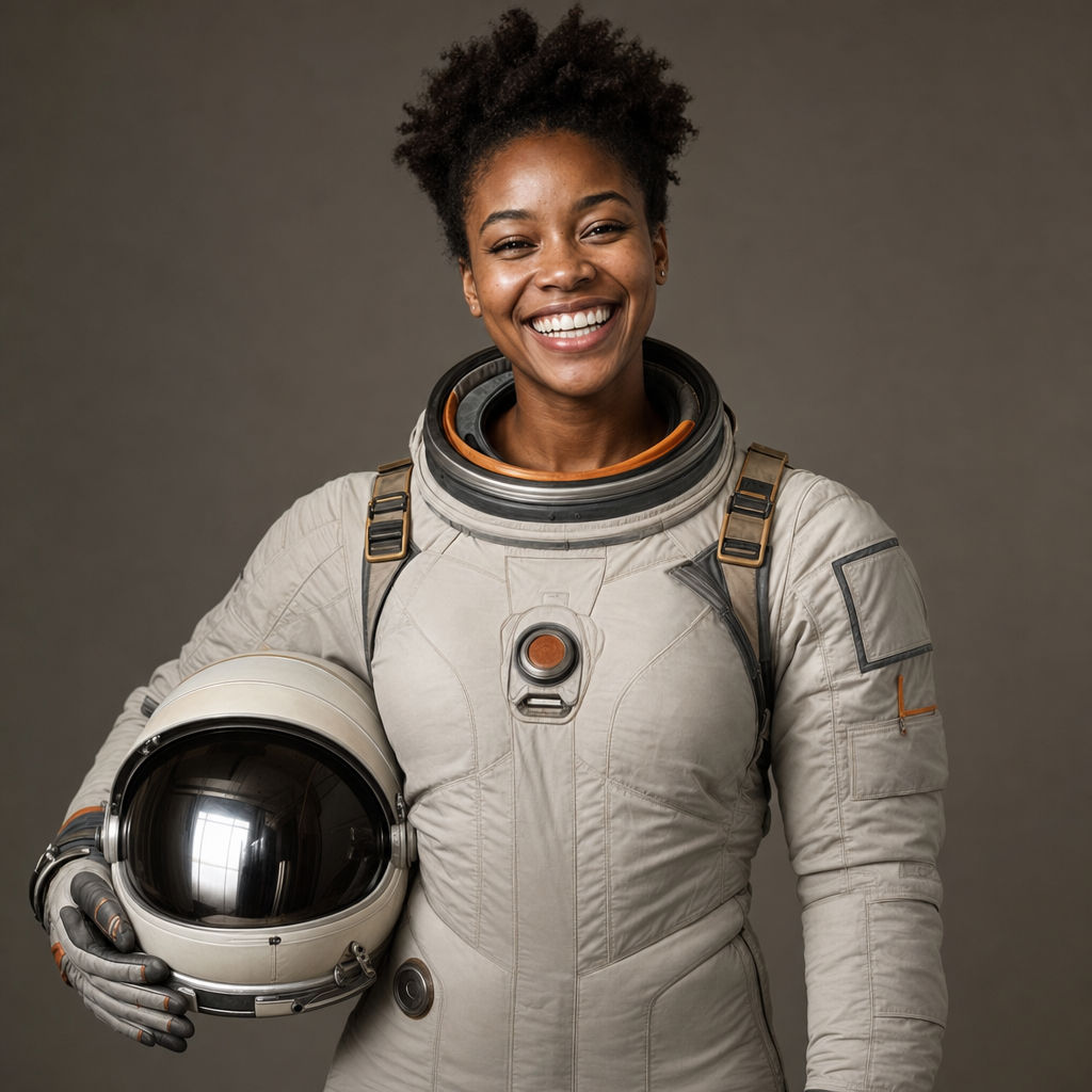 Photoreal portrait of a young Black woman astronaut with a wide grin