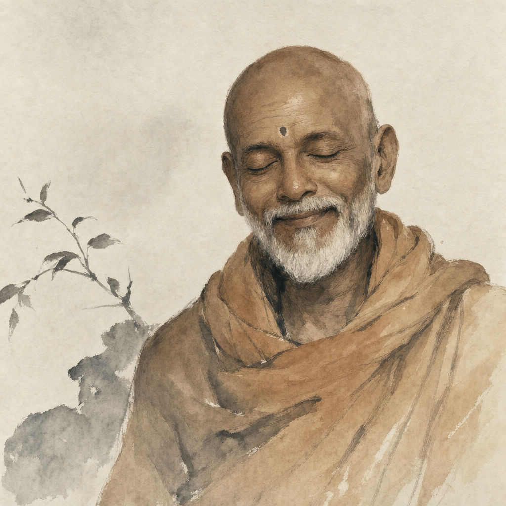 Ink-wash painting of an elderly South Asian monk with a calm smile