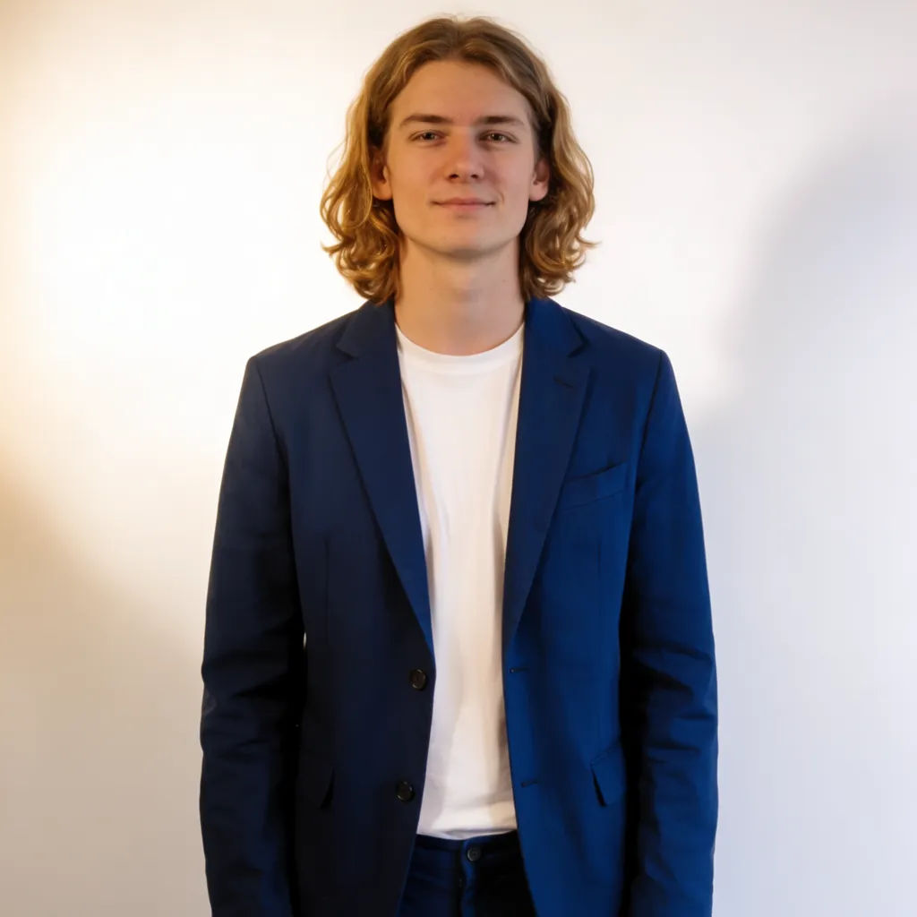 Casual t-shirt replaced with a tailored navy blazer from a reference
