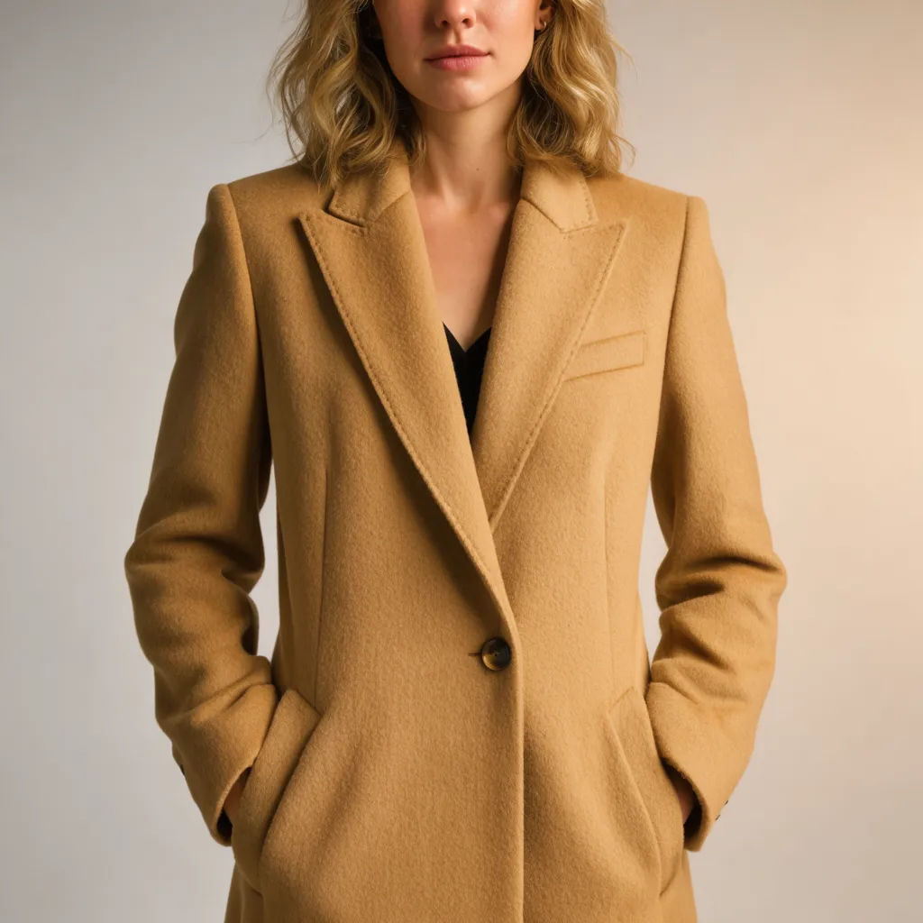 Marked coat swapped for a camel wool coat from a reference under studio lighting