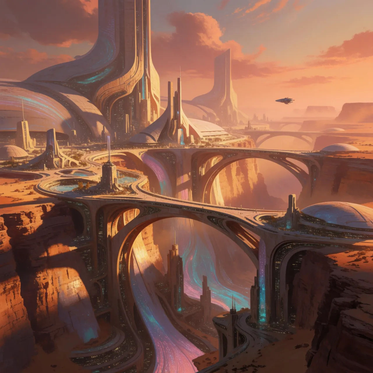Painterly sci-fi canyon city concept art with towering bridges at dusk
