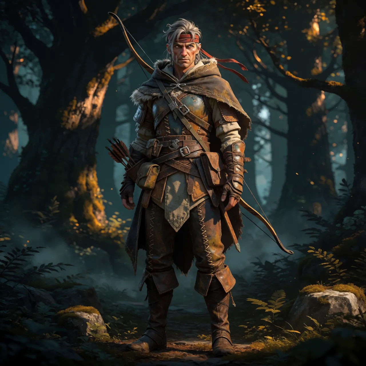 Full-body fantasy ranger character concept in weathered leather armour