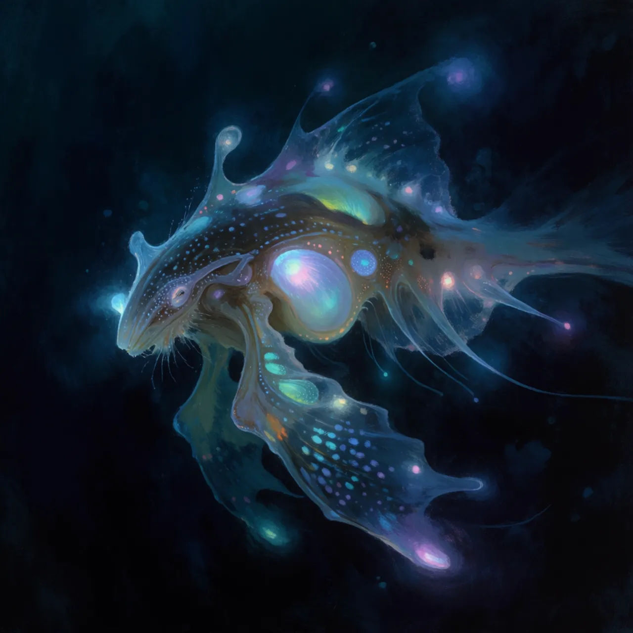 Painterly bioluminescent deep-sea creature concept in side profile