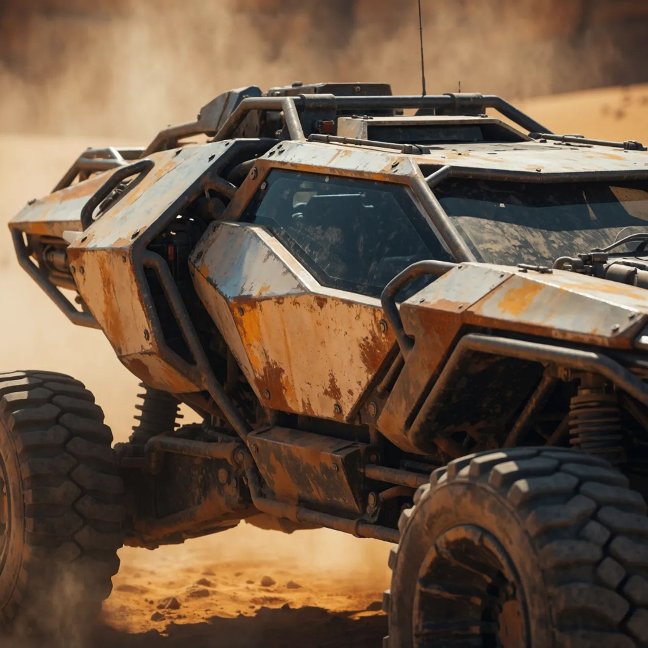 Industrial desert rover vehicle concept in a three-quarter view with weathered panels