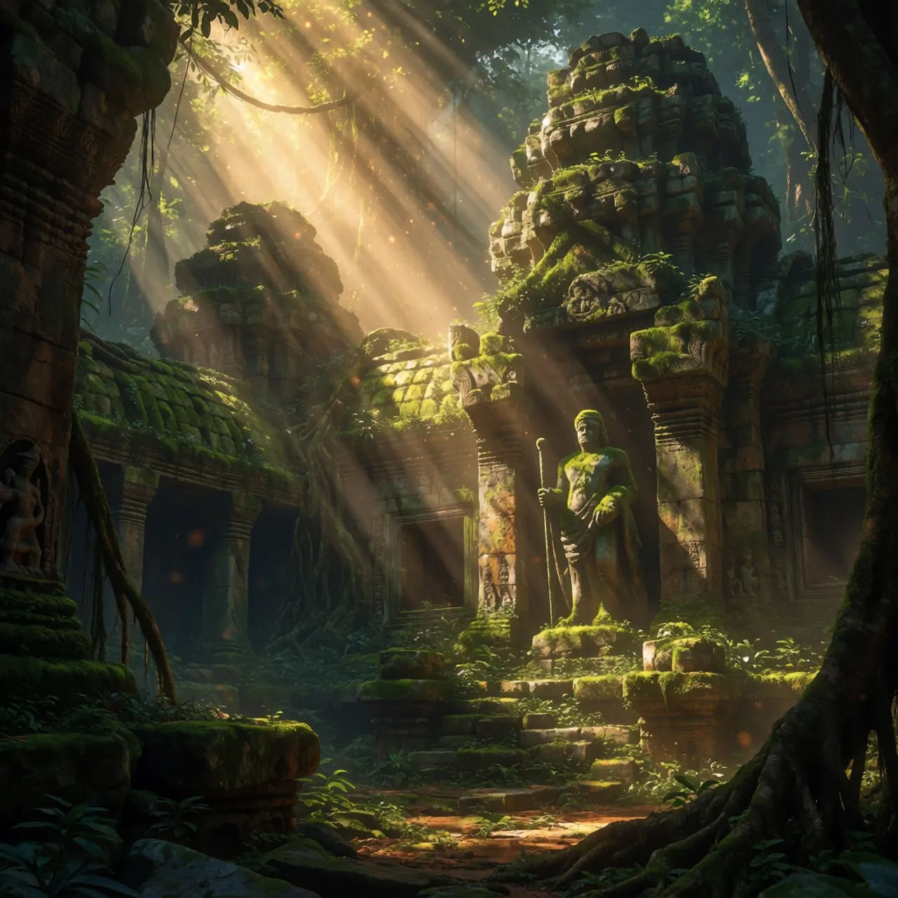 Cinematic ancient jungle temple ruins concept art with shafts of light