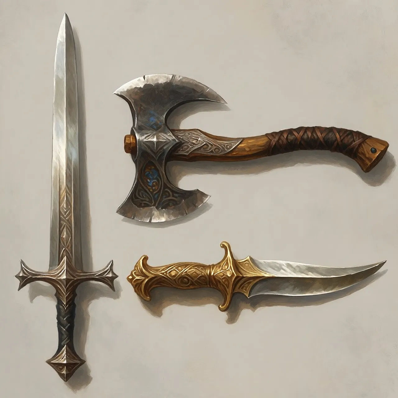 Fantasy weapon prop sheet with a sword, axe, and dagger in a consistent painterly style
