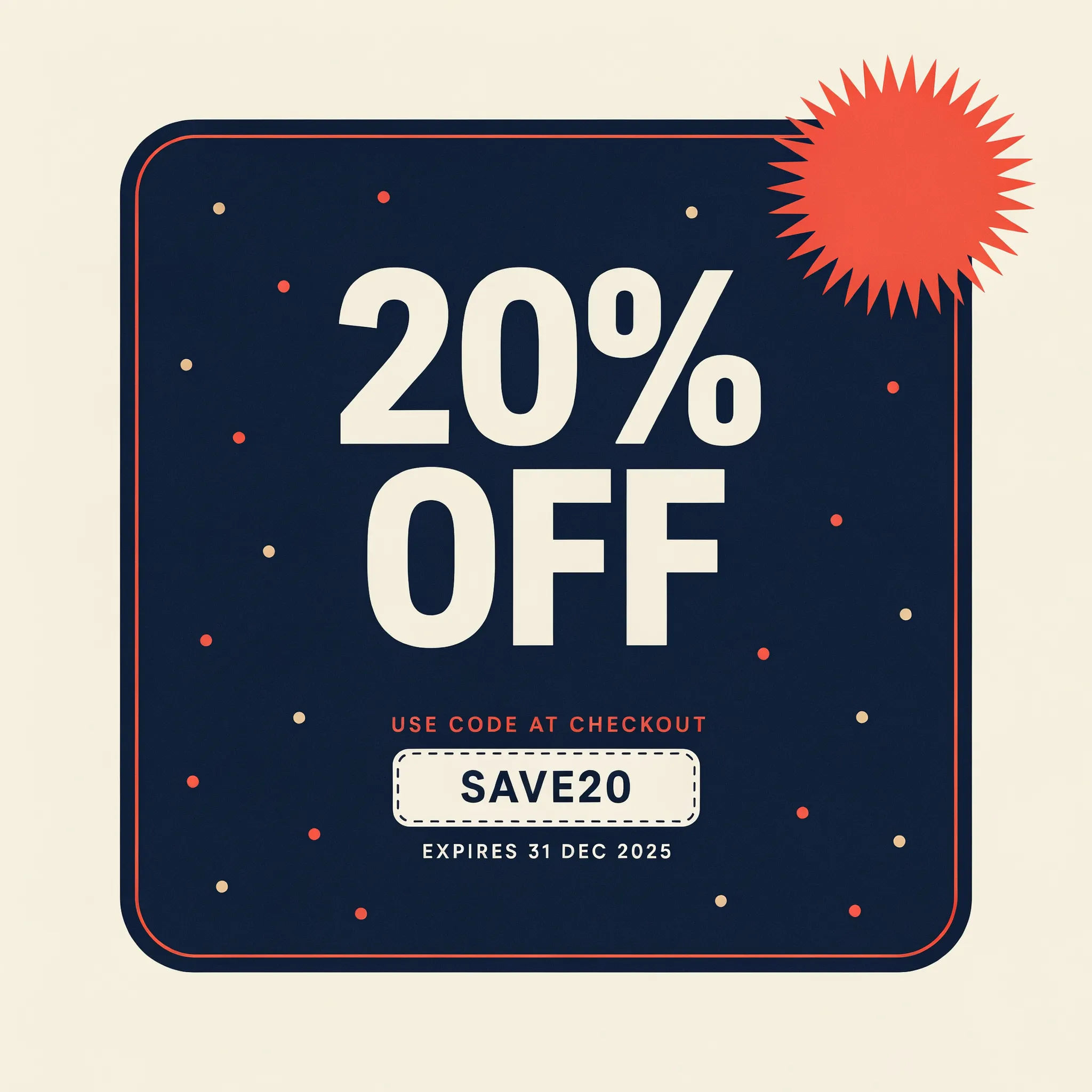 Bold 20 percent off coupon with a clear promo code block and expiry line