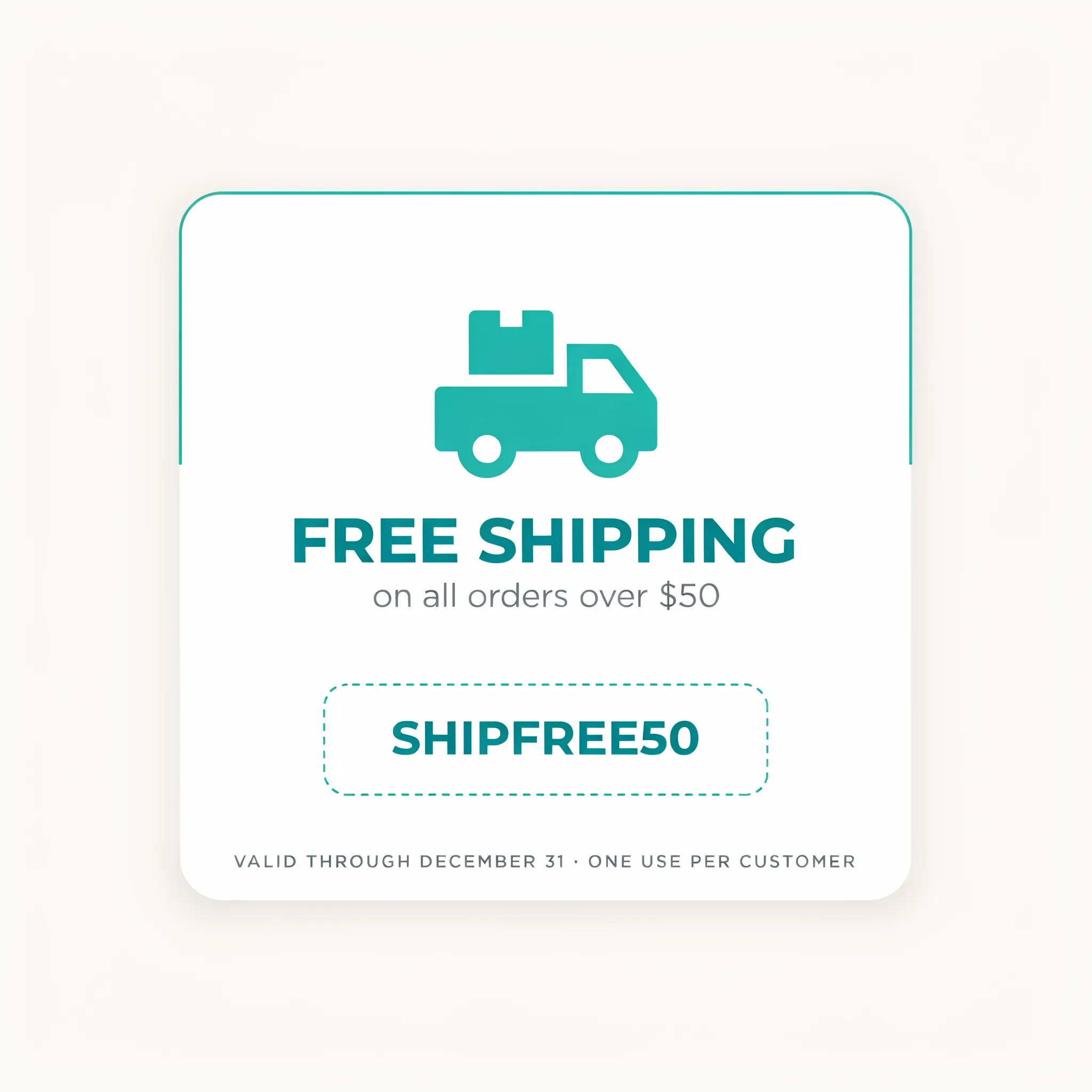 Free shipping coupon in white and teal with a delivery icon and code