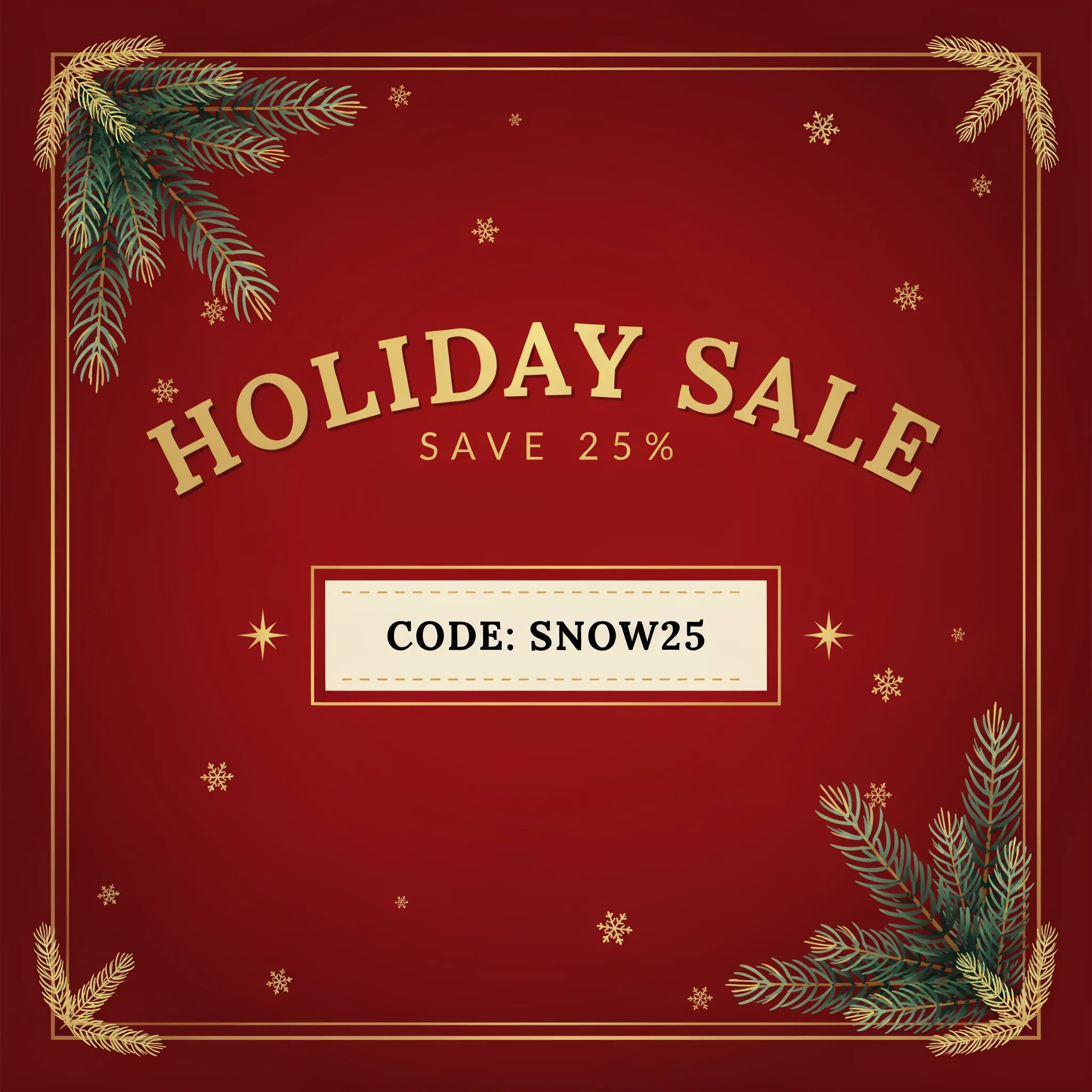 Festive red and gold holiday sale coupon with a code block