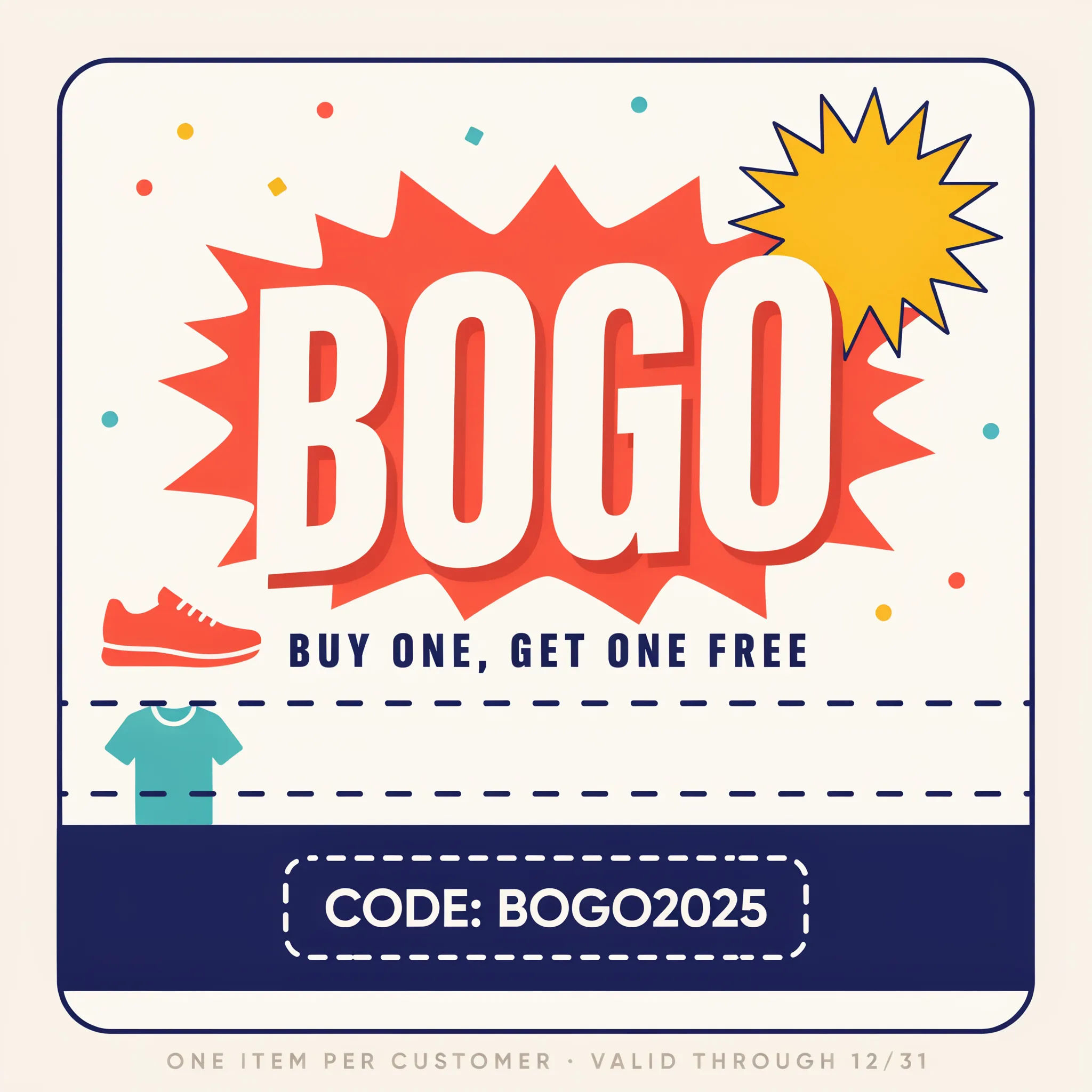 Bright buy-one-get-one coupon with a bold BOGO headline and code