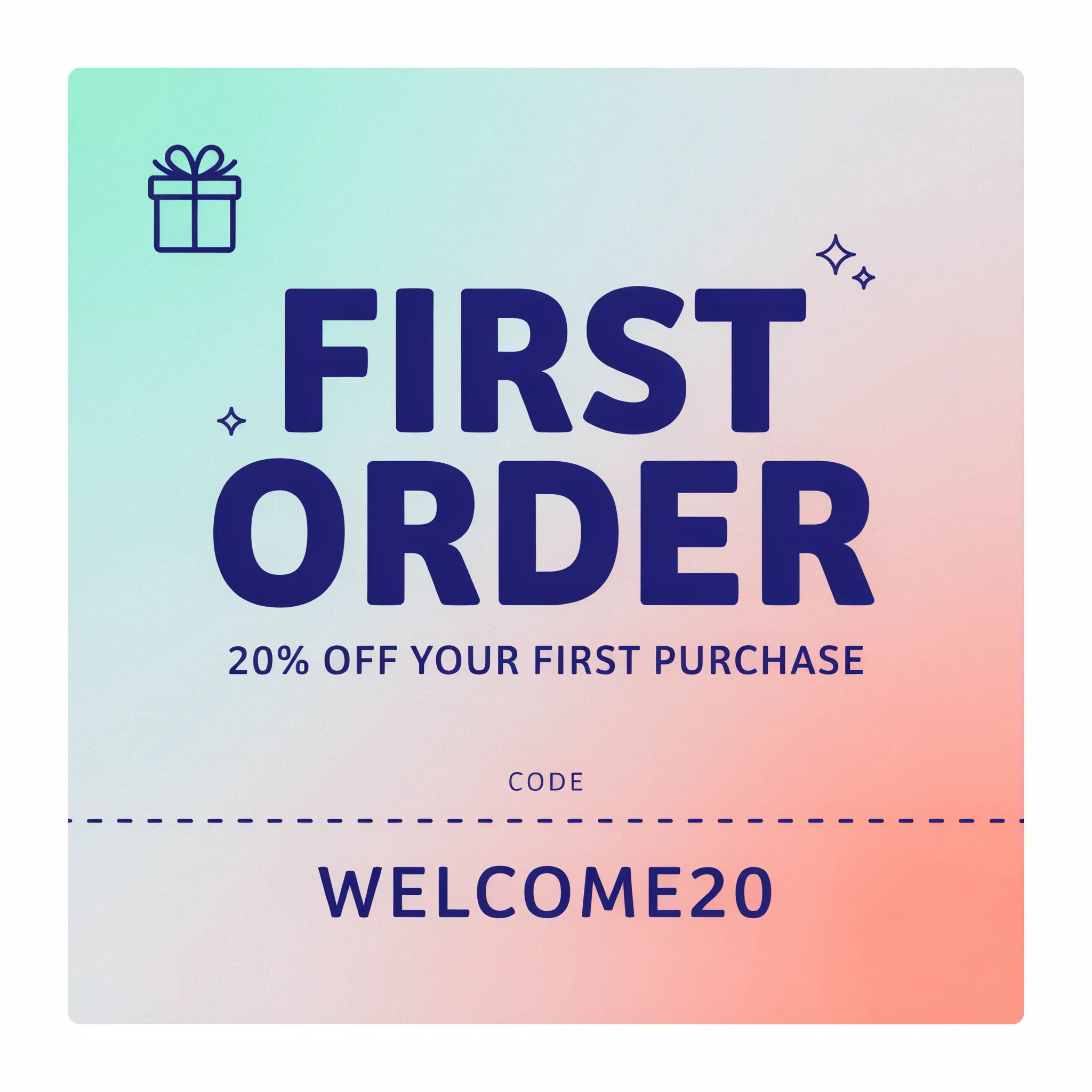 Friendly first-order discount coupon with a soft gradient and code