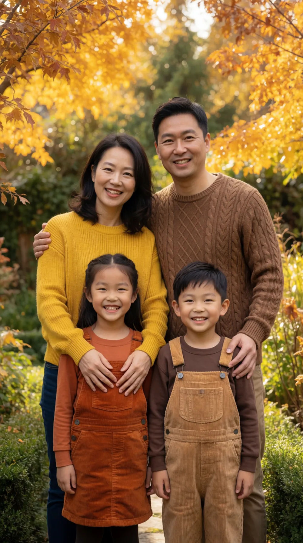 四人在花园里的温馨全家福，柔和午后光线，身着秋装