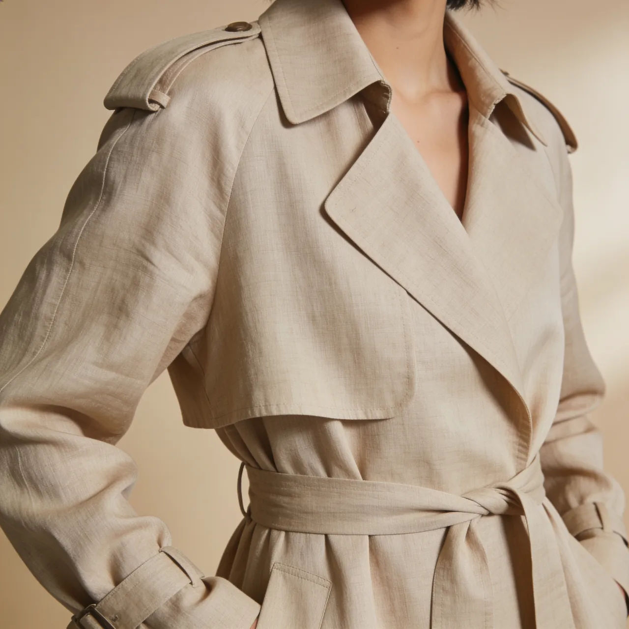 Tailored oatmeal linen trench coat on a styled model in editorial studio light