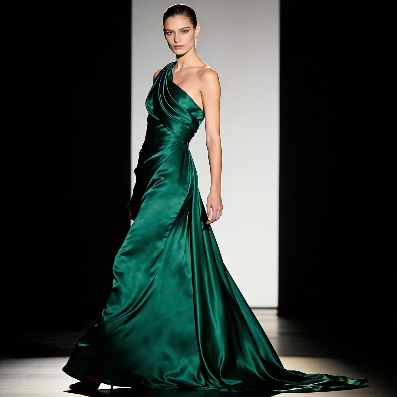 Flowing emerald silk evening gown with a draped bodice in dramatic side lighting
