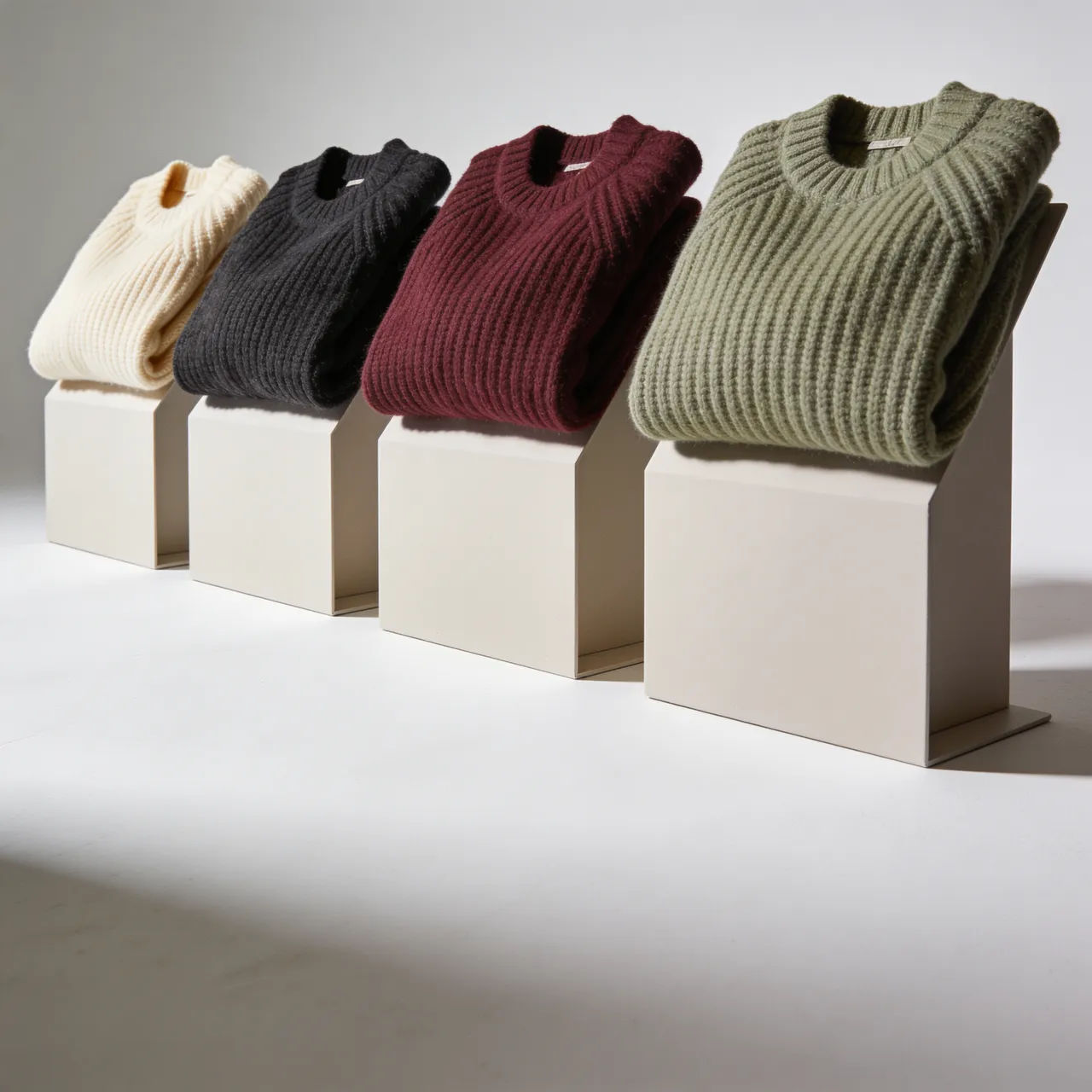 Chunky ribbed knit sweater shown in four colourways in a row