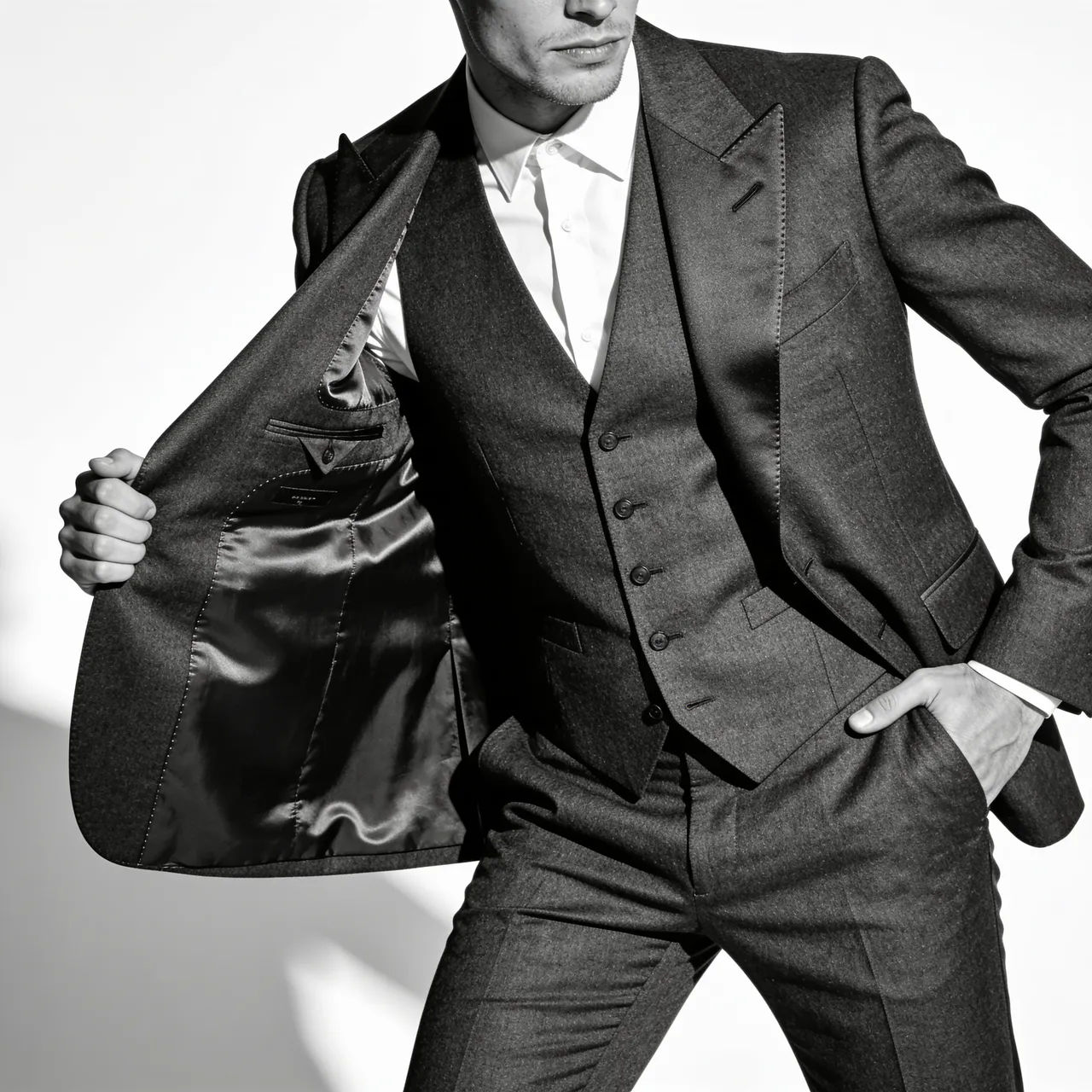 Sharp charcoal wool three-piece suit on a model against a clean studio backdrop