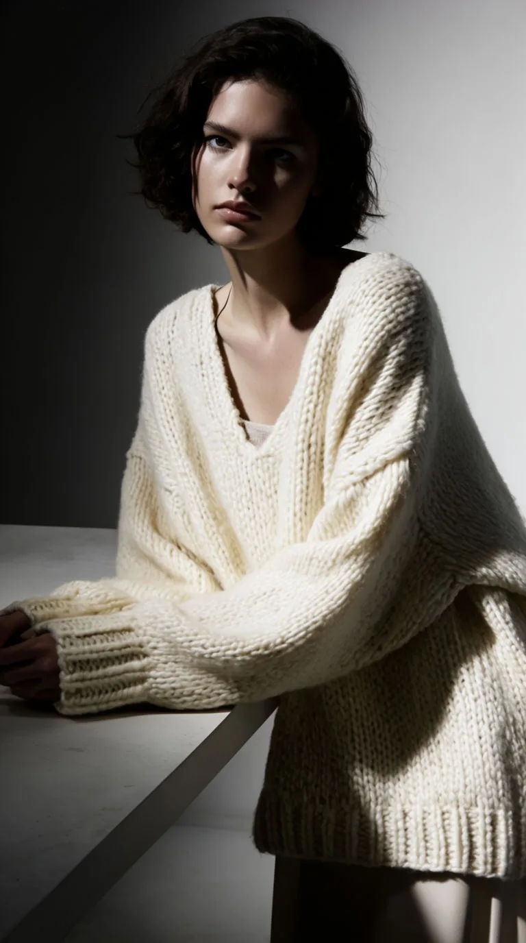 Editorial on-model scene of the garment with dramatic side light