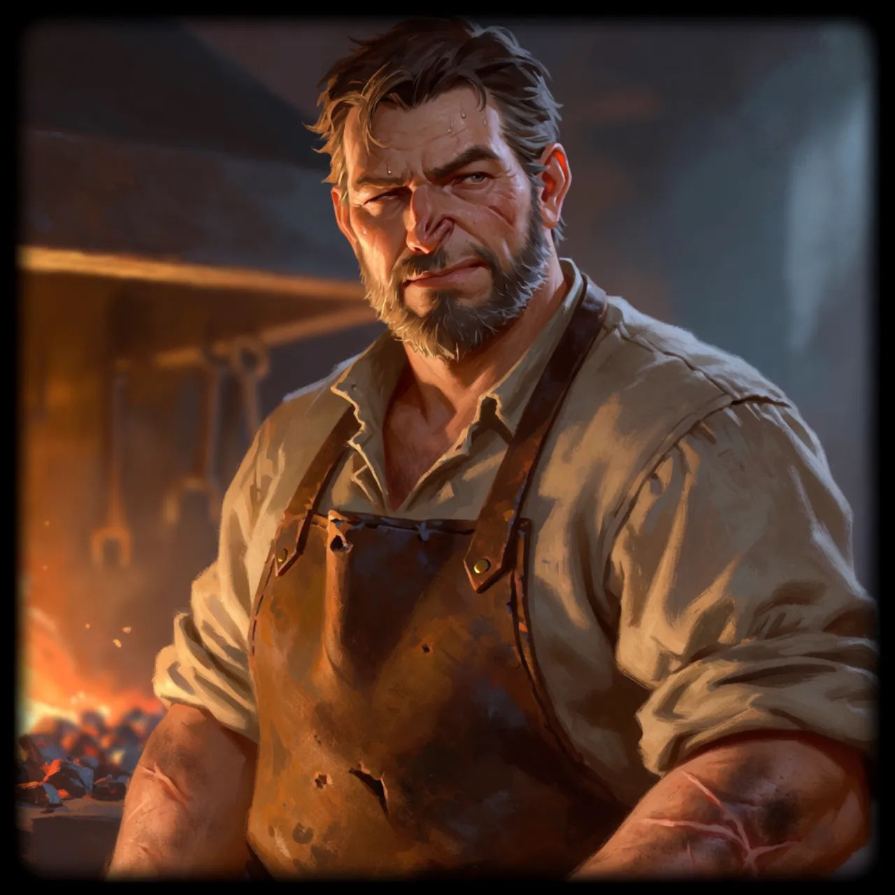 Painterly fantasy blacksmith NPC portrait with warm forge lighting