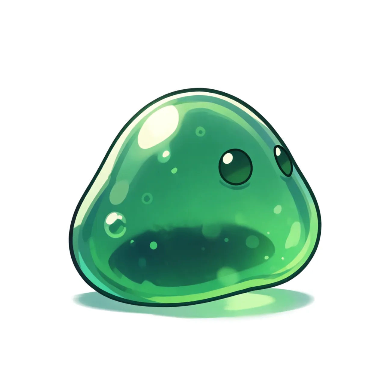 Cartoon green translucent slime enemy creature on a transparent background