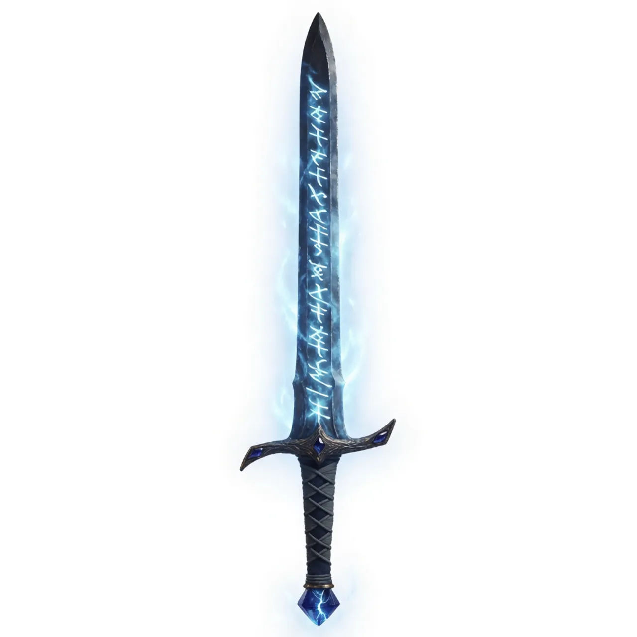 Glowing blue rune sword weapon prop in a consistent RPG art style