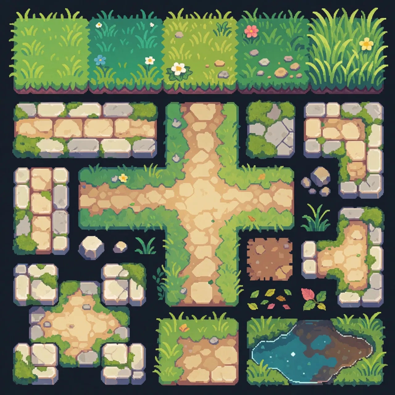 Top-down pixel-art grass and stone path tileset with a bright fantasy palette