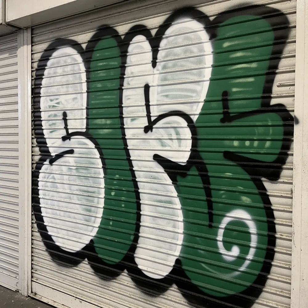 金属製のシャッターに描かれたバブルレターのグラフィティ