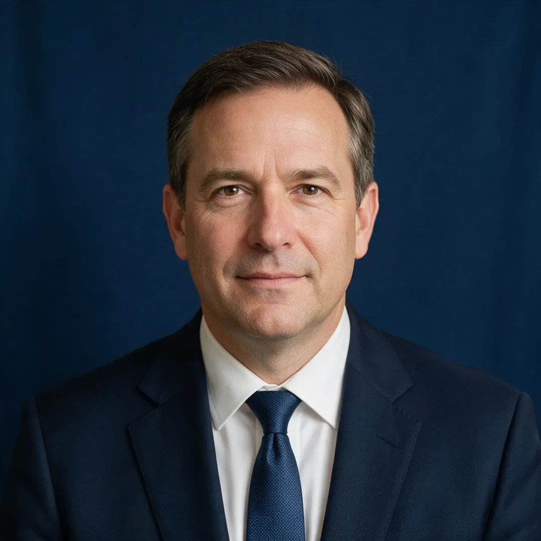 Corporate headshot on a navy backdrop with soft key light and business attire