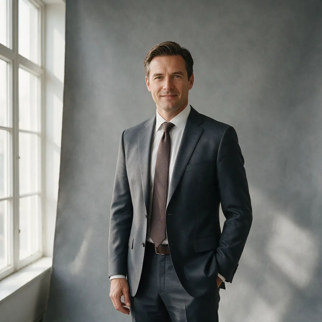 Executive portrait on a grey studio backdrop in a tailored suit