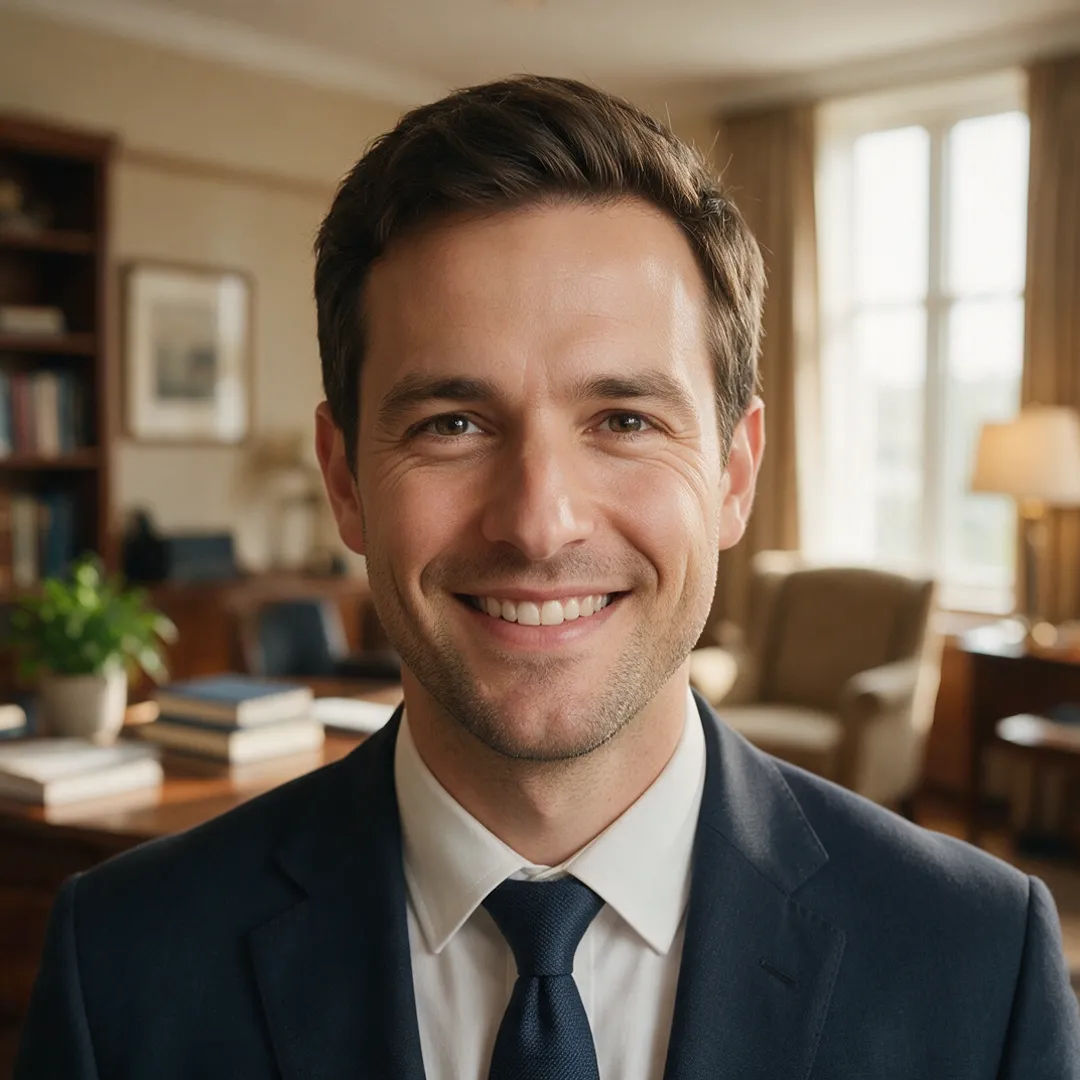 Business headshot with a warm blurred office background and natural smile